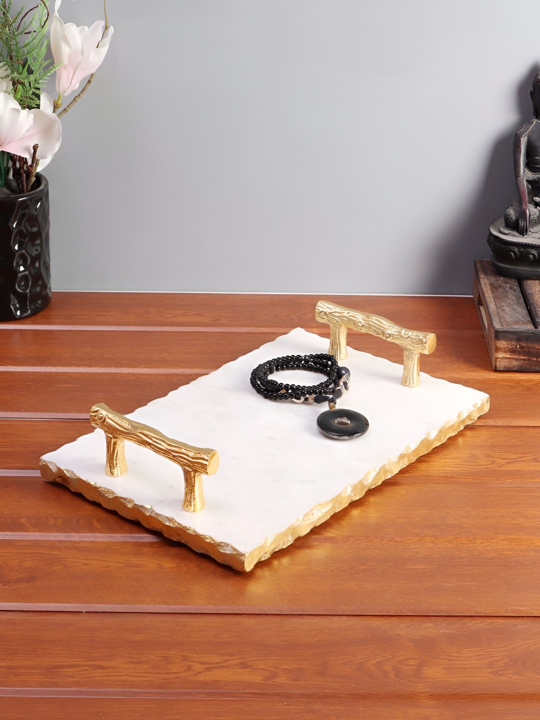 

NikkisPride White & Gold Toned Marble Easy to Clean Serving Tray