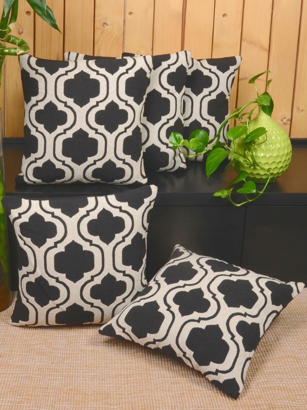 

Saral Home White & Black 5 Pieces Geometric Cotton Square Cushion Covers