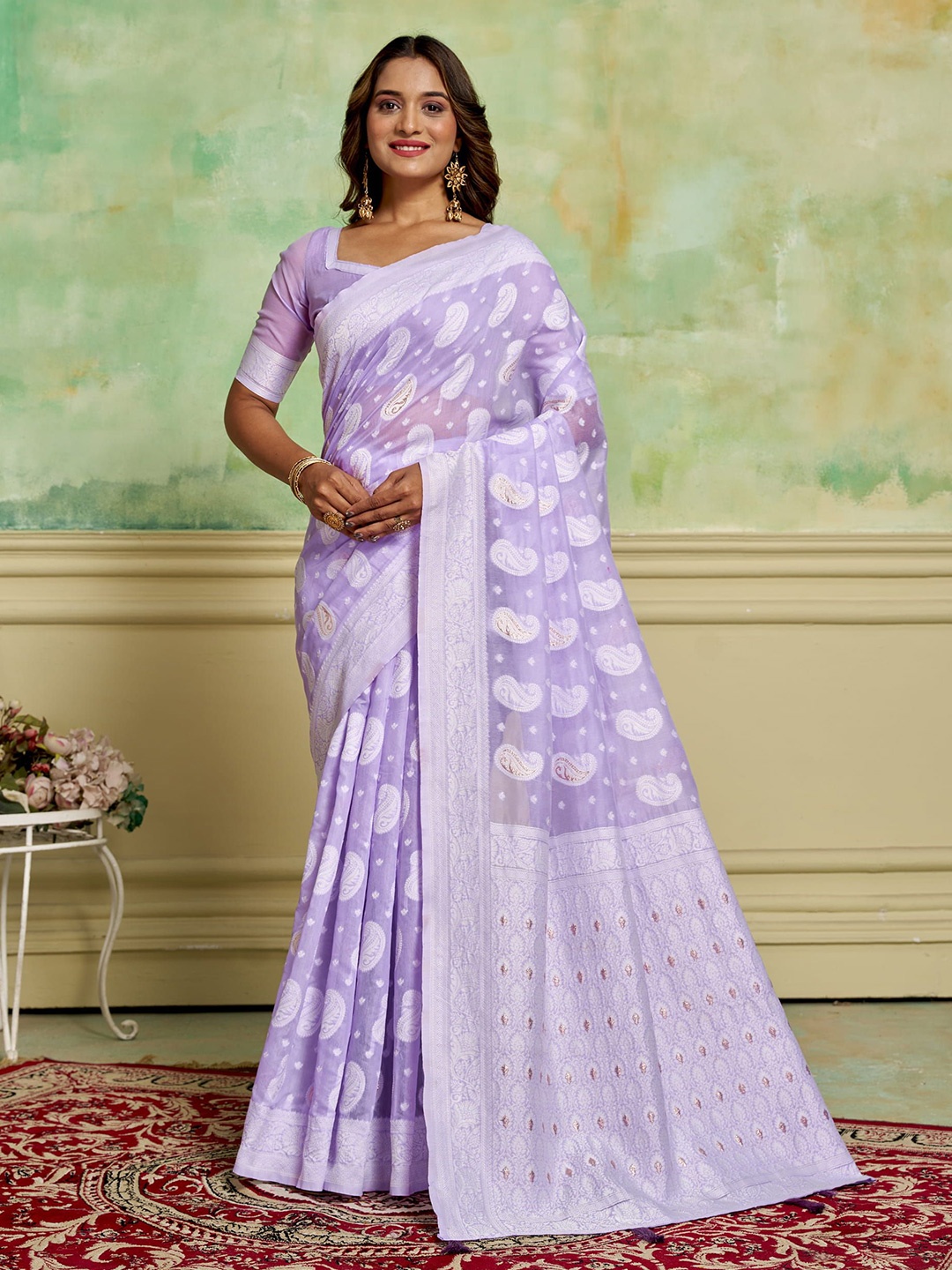 

KAYOMMI Woven Design Ethnic Motifs Zari Pure Cotton Banarasi Saree, Lavender