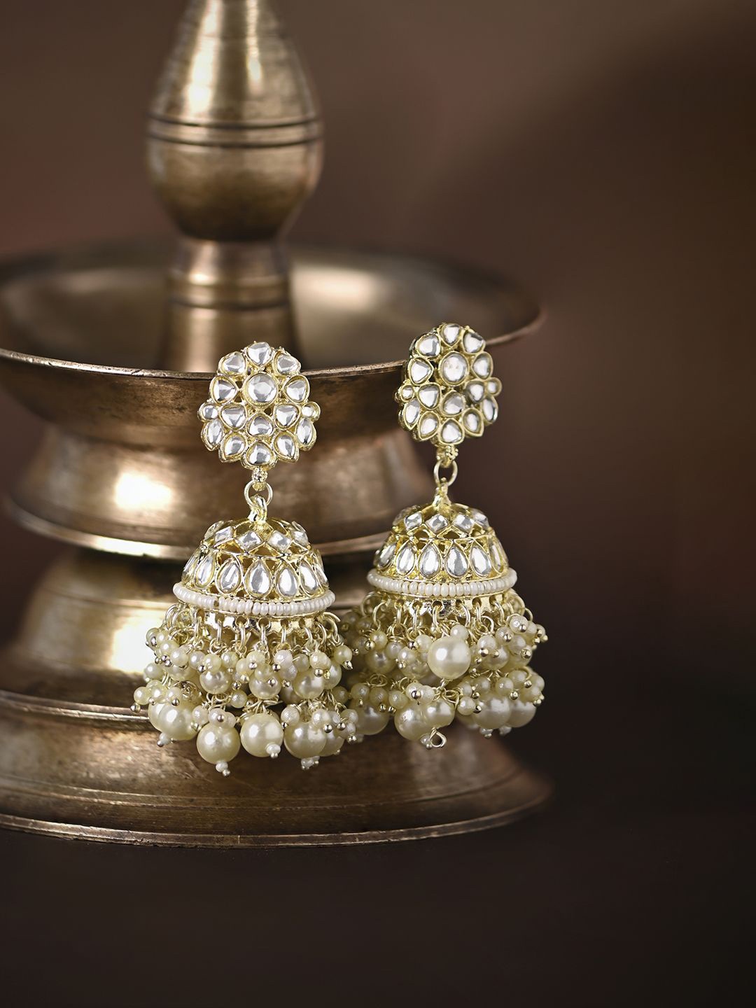 

Kalakrith Milano Kundan Studded & Pearl Beaded Dome Shaped Jhumkas, Gold