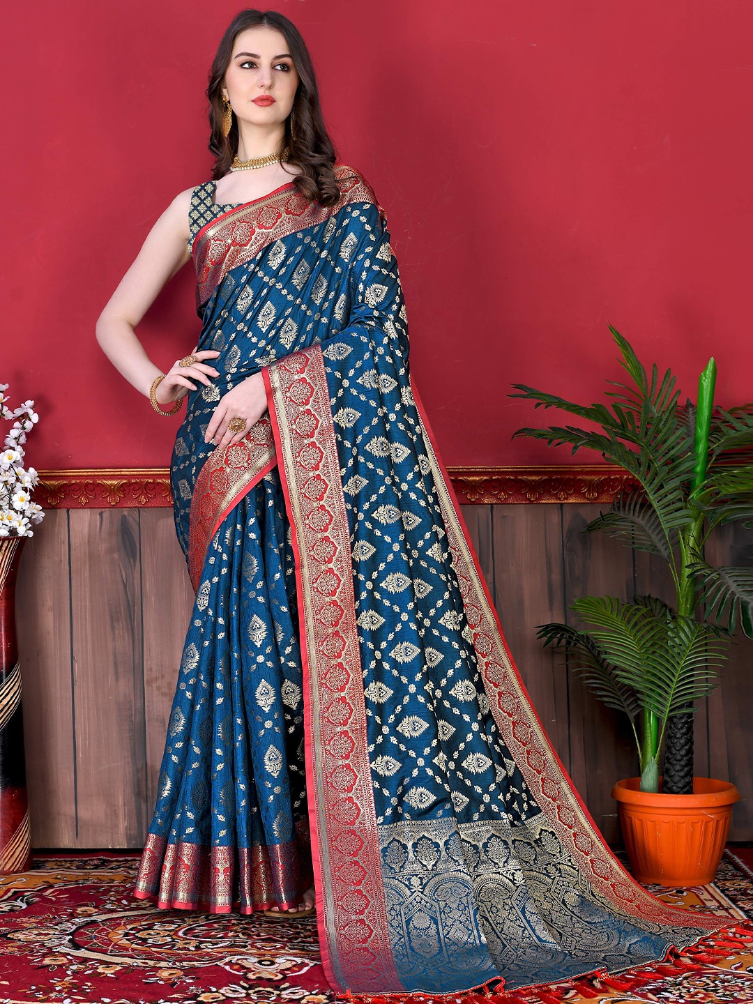 

Zeekha Woven Design Zari Pure Silk Kanjeevaram Saree, Blue