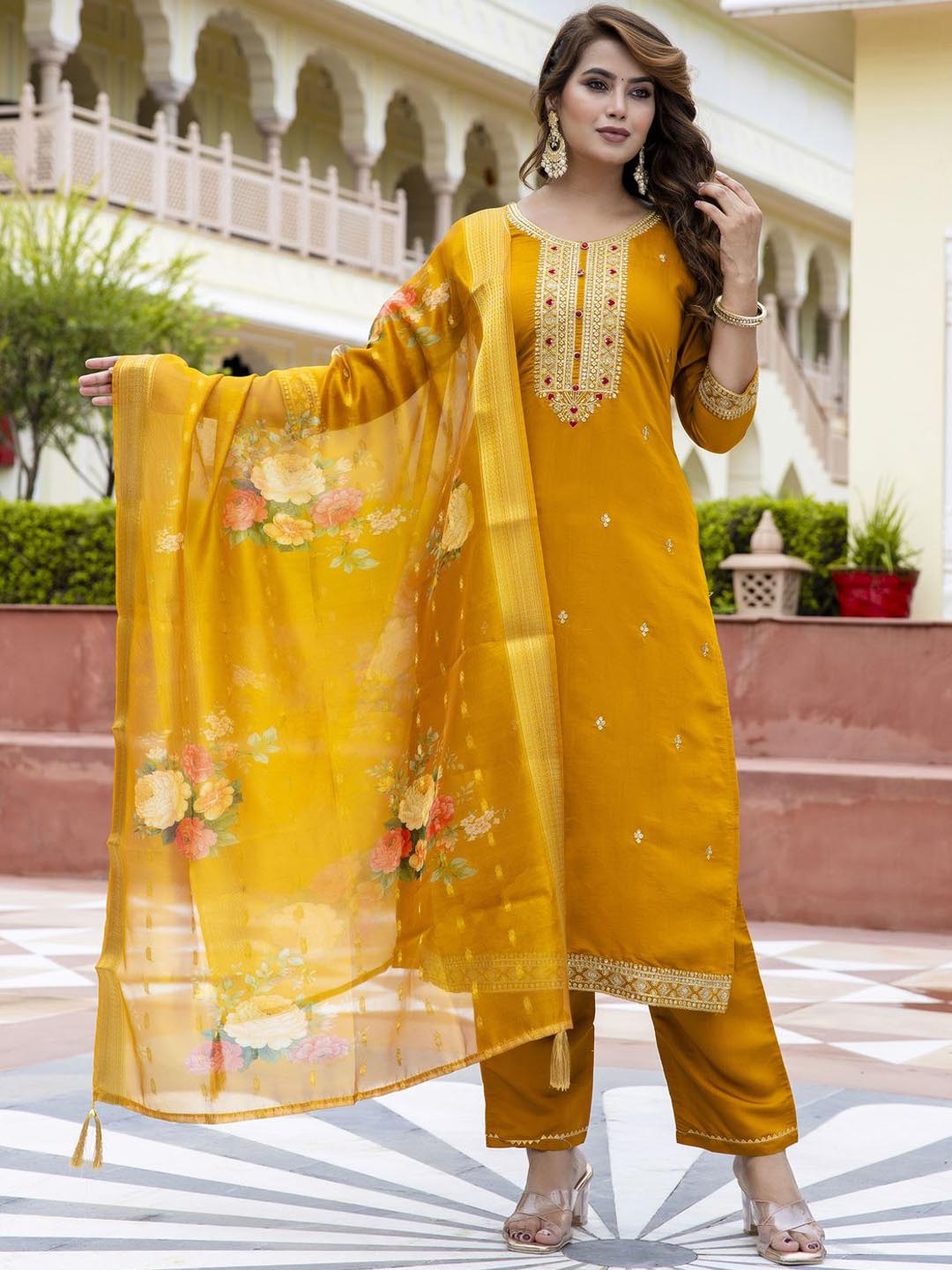 

VredeVogel Women Floral Embroidered Regular Kurta with Trousers & With Dupatta, Mustard