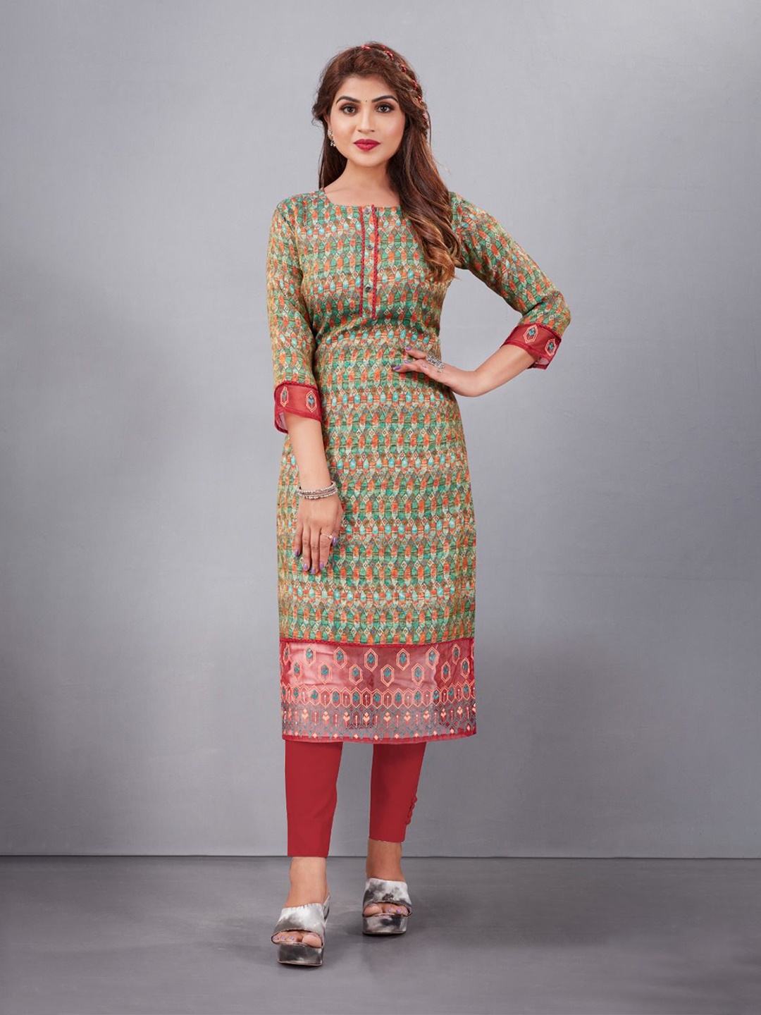 

JIVORA Women Geometric Printed Kurta, Green