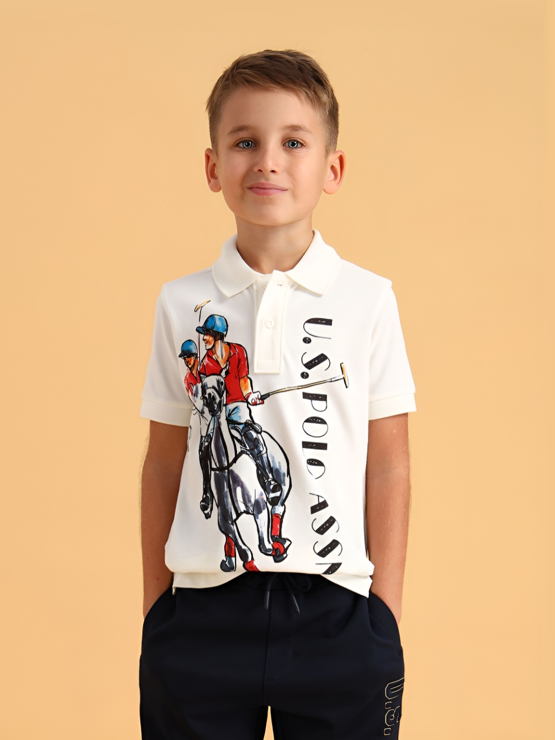 

U.S. Polo Assn. Kids Boys Graphic Printed Polo Collar Cotton T-shirt, White