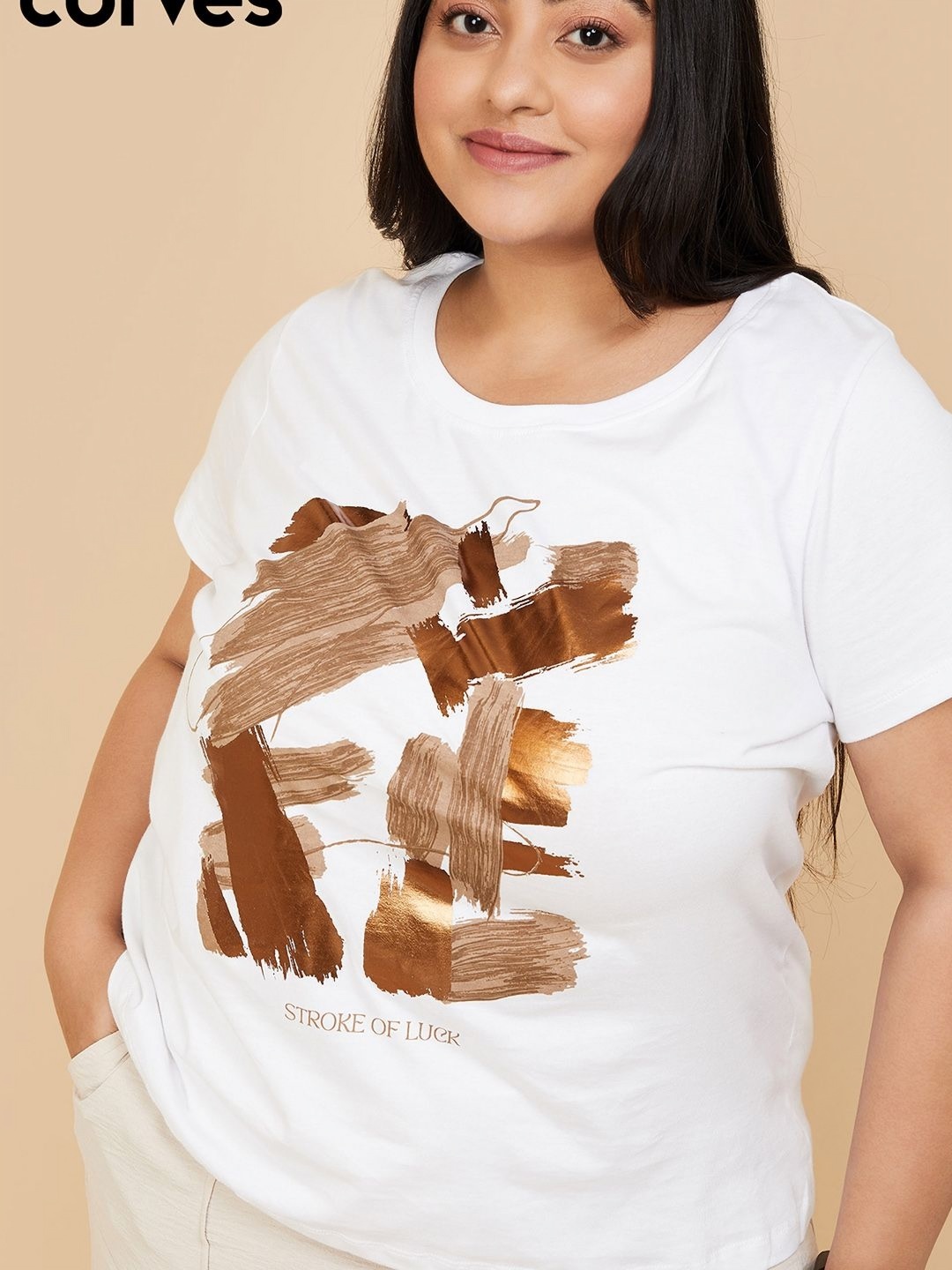 

max Women Graphic Printed Round Neck Cotton Plus Size T-shirt, White