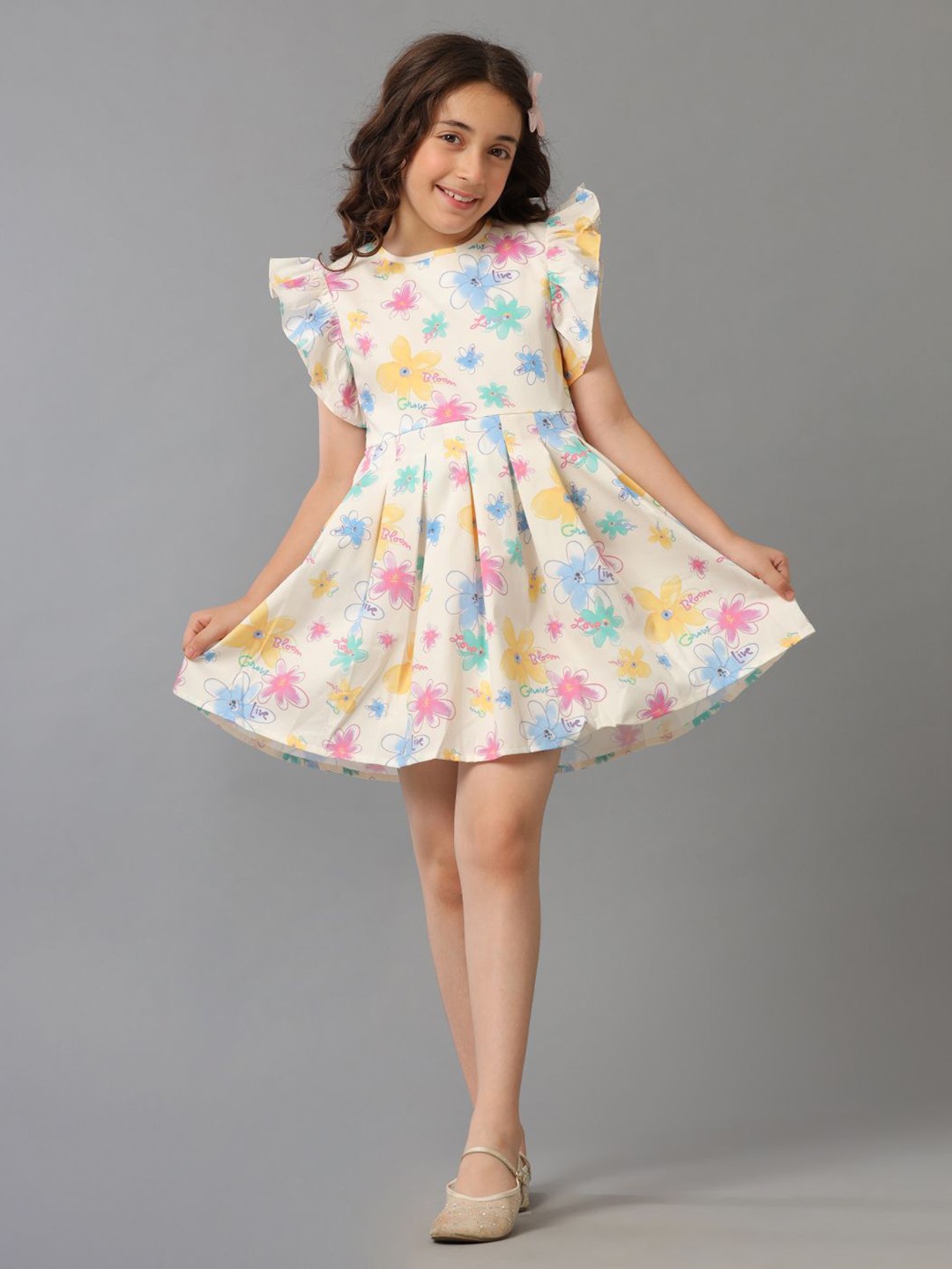 

UNDER FOURTEEN ONLY Floral Print Flutter Sleeve Fit & Flare Dress, Yellow