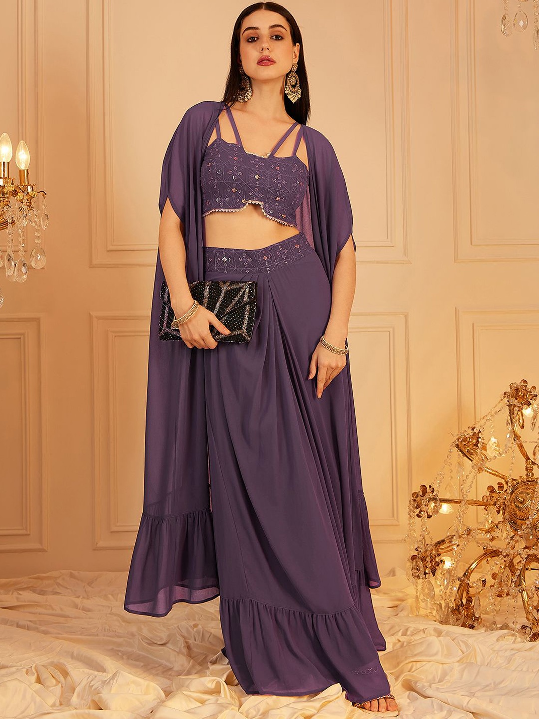 

indo street Embroidered Sleeveless Crop Top & Skirt With Shrug Co-Ords, Lavender