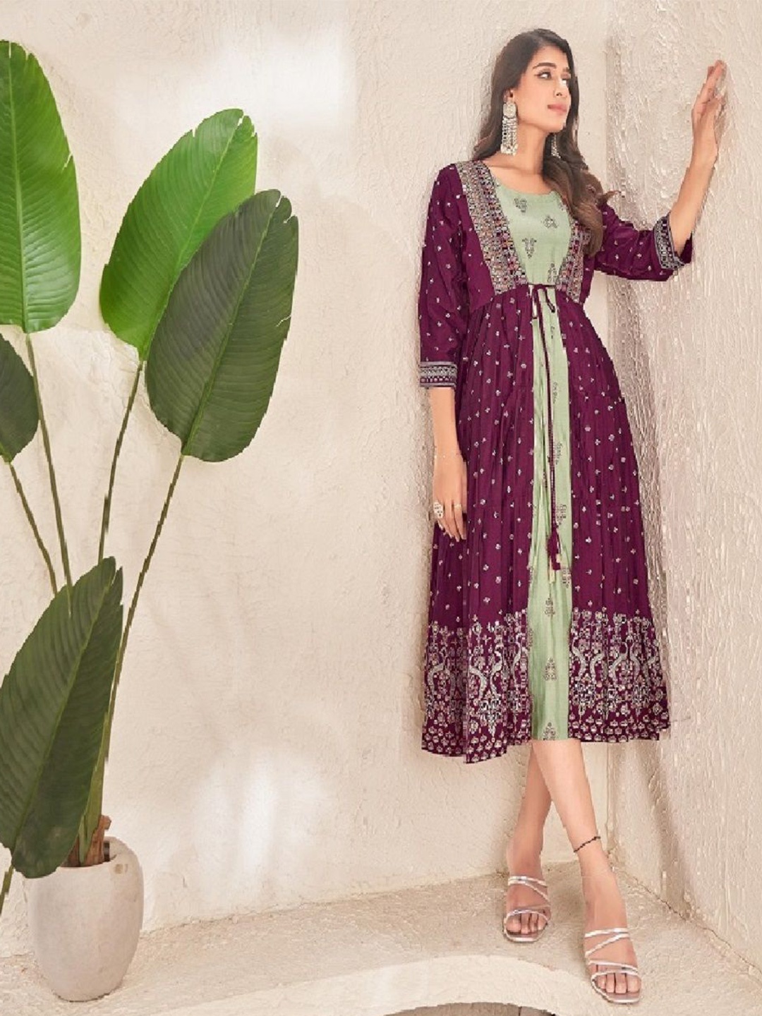 

JIVORA Printed Flared Ethnic Dress, Green