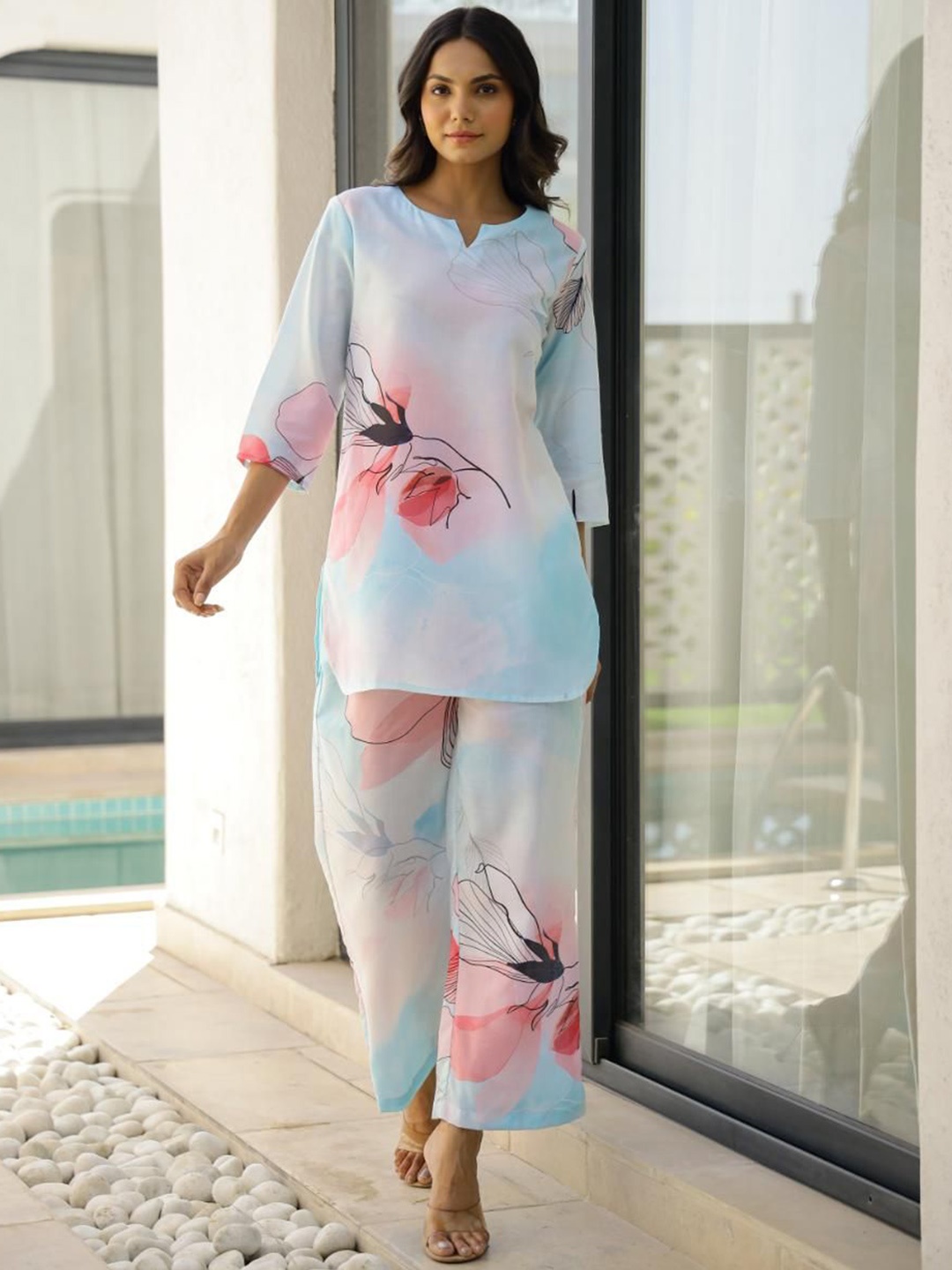 

FLAVIA CREATION Floral Printed Pure Cotton Tunic & Trouser, Blue
