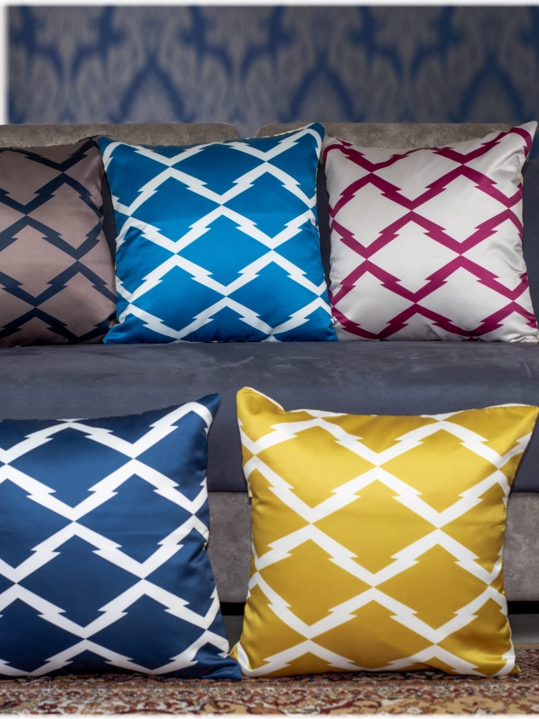 

Vendola Blue & Yellow 5 Pieces Geometric Printed Square Cushion Covers