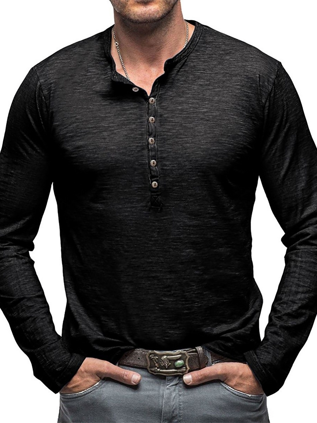 

StyleCast x Revolte Men Solid Henley Neck T-shirt, Black