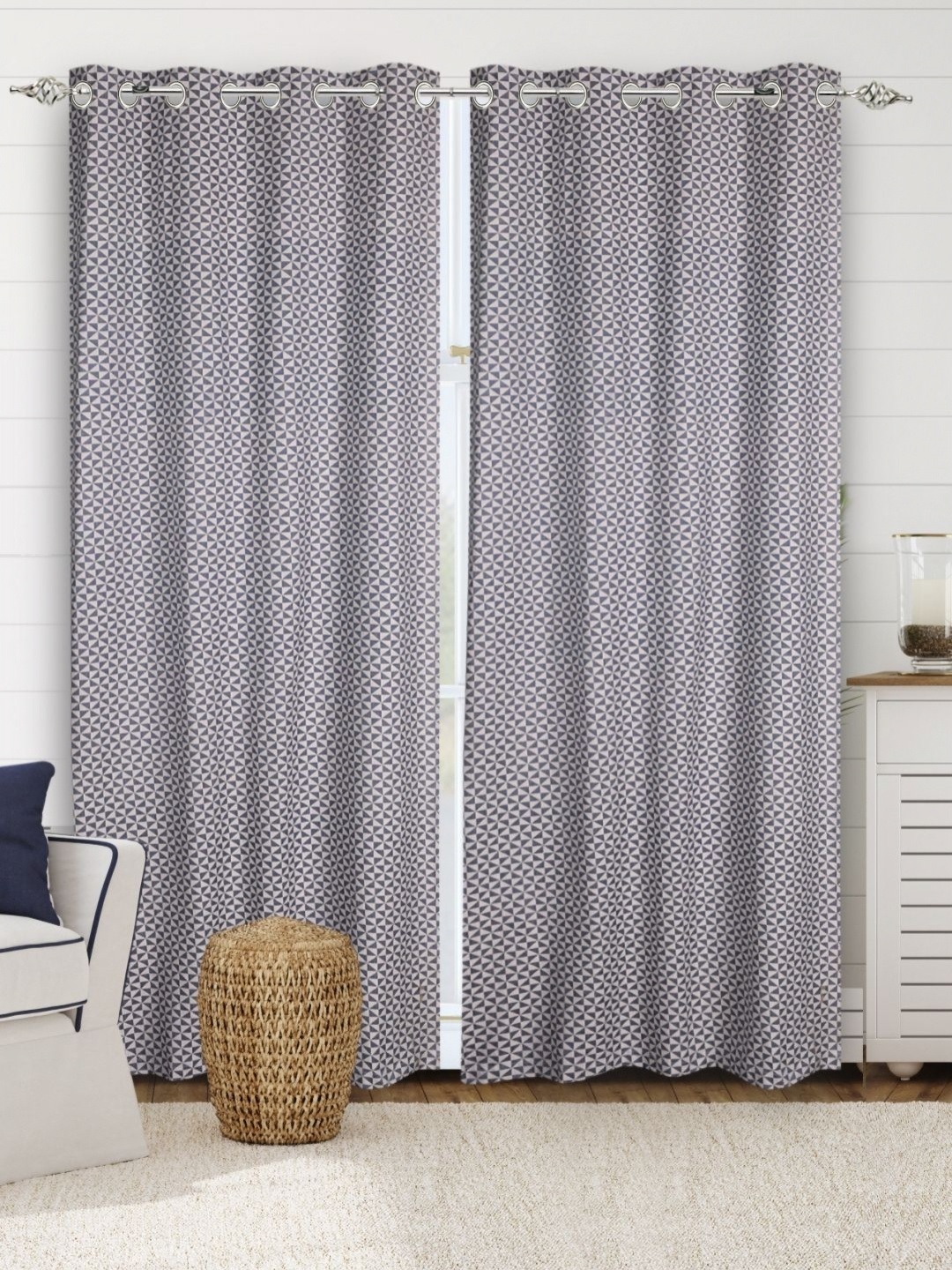 

Saral Home Blue & Off White 2 Pieces Cotton Geometric Woven Design Black Out Door Curtains