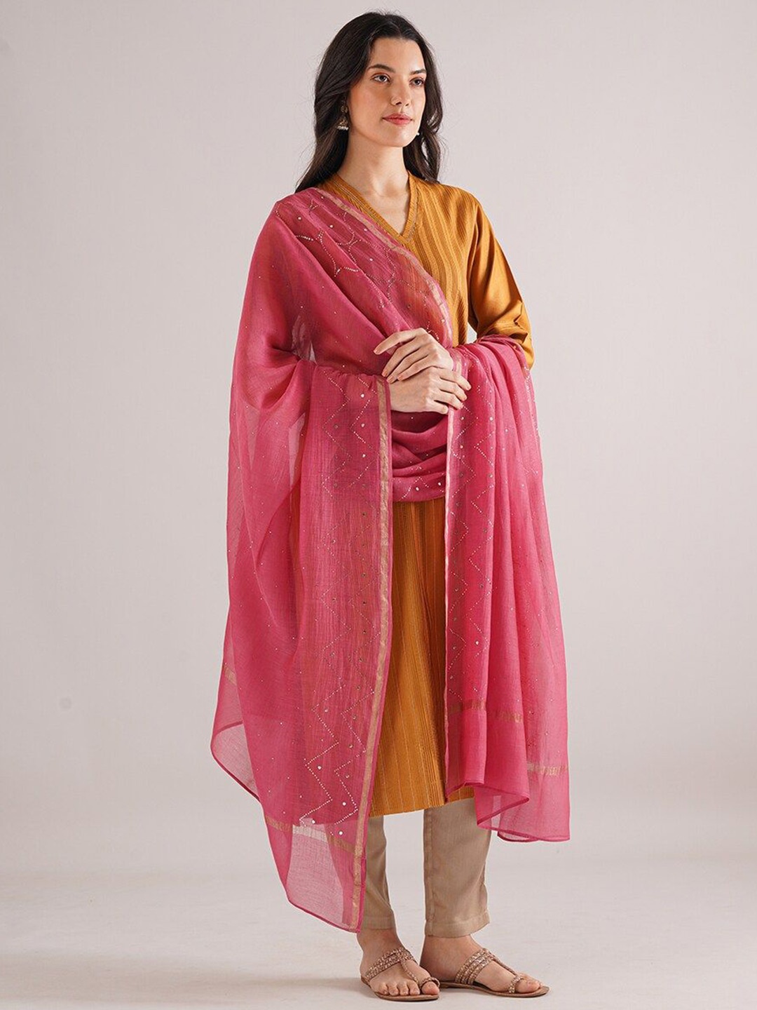 

JAYPORE Embroidered Cotton Silk Dupatta, Pink