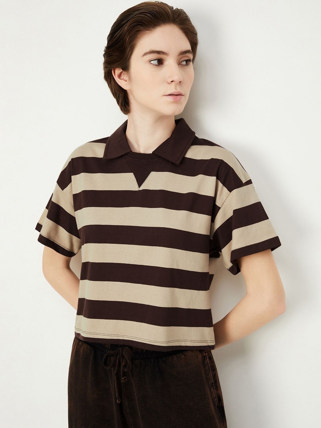 

max Women Striped Polo Collar Cotton T-shirt, Beige