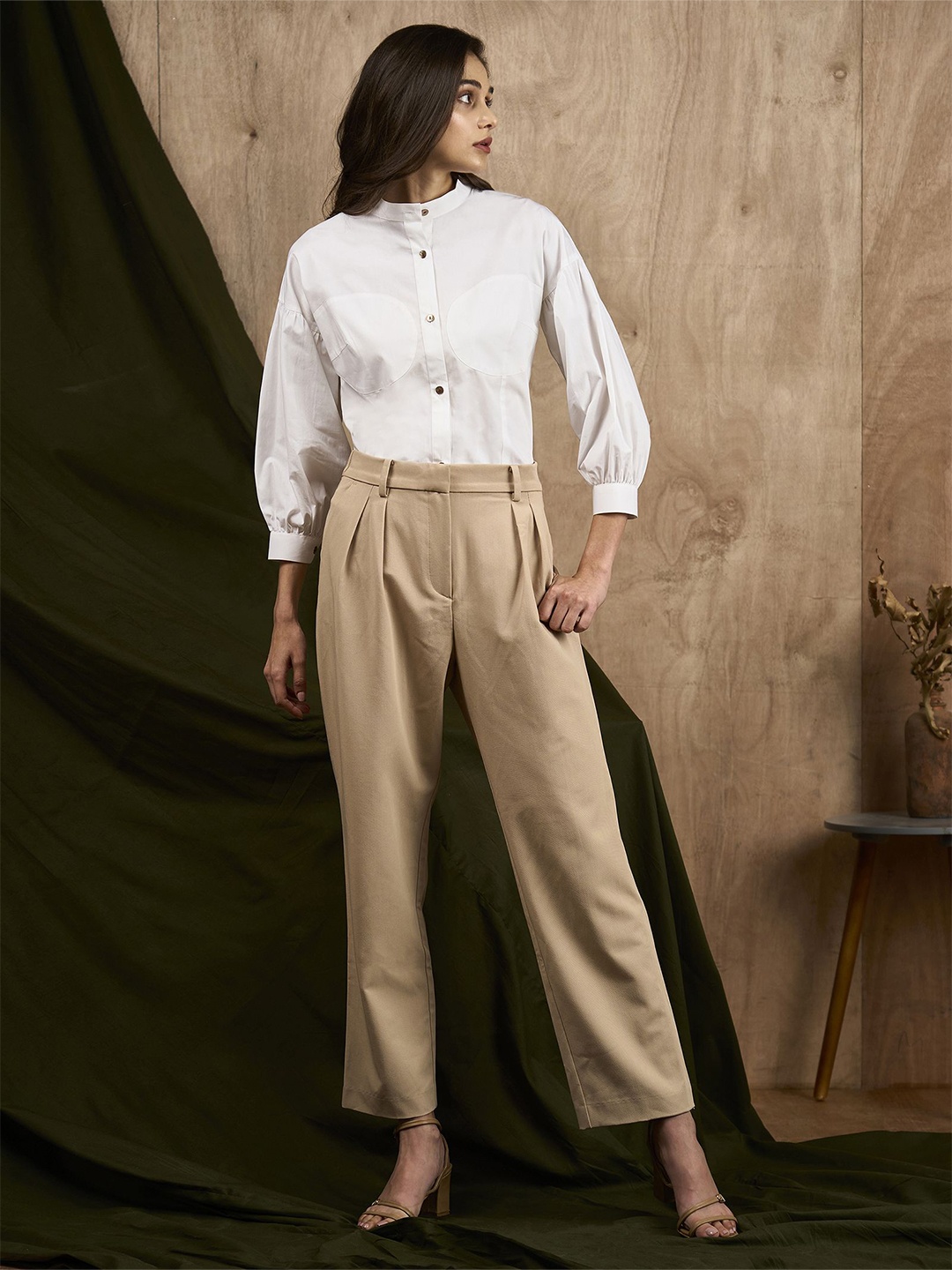 

MISH X Women Band Collar Solid Cotton Formal Shirt, White