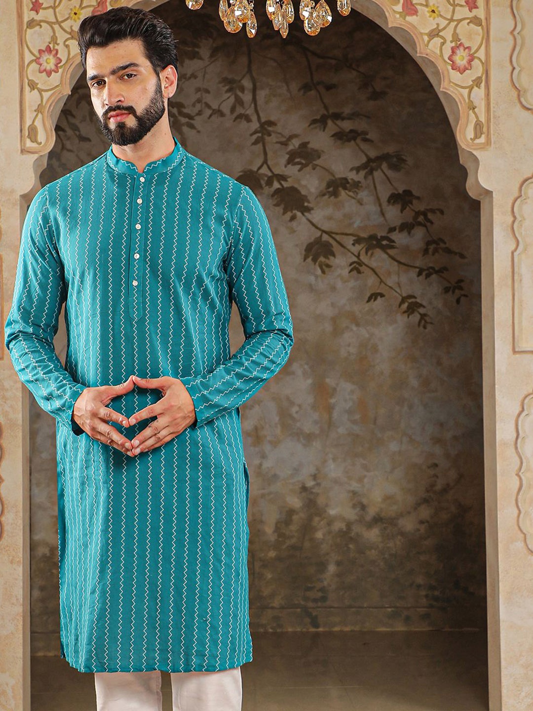 

HOUSE OF DEYANN Men Jacquard Kurta, Blue