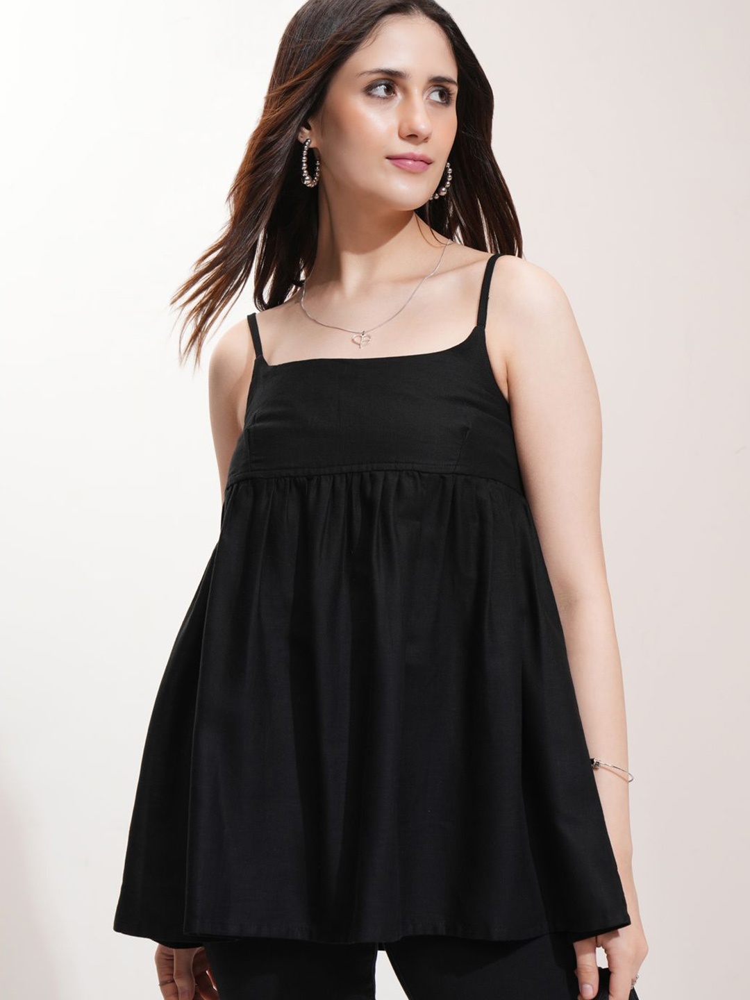 

Tokyo Talkies Women Solid Shoulder Straps Cotton Top, Black