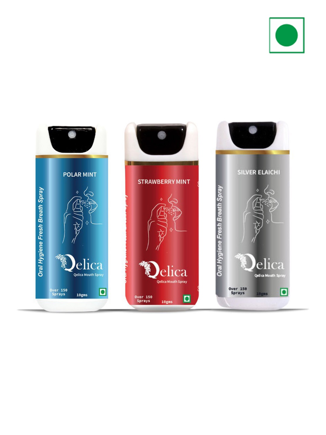 

Qelica Set Of 3 Strawberry Mint & Silver Elachi Polar Mint Fresh Breath Spray-10g Each, Blue