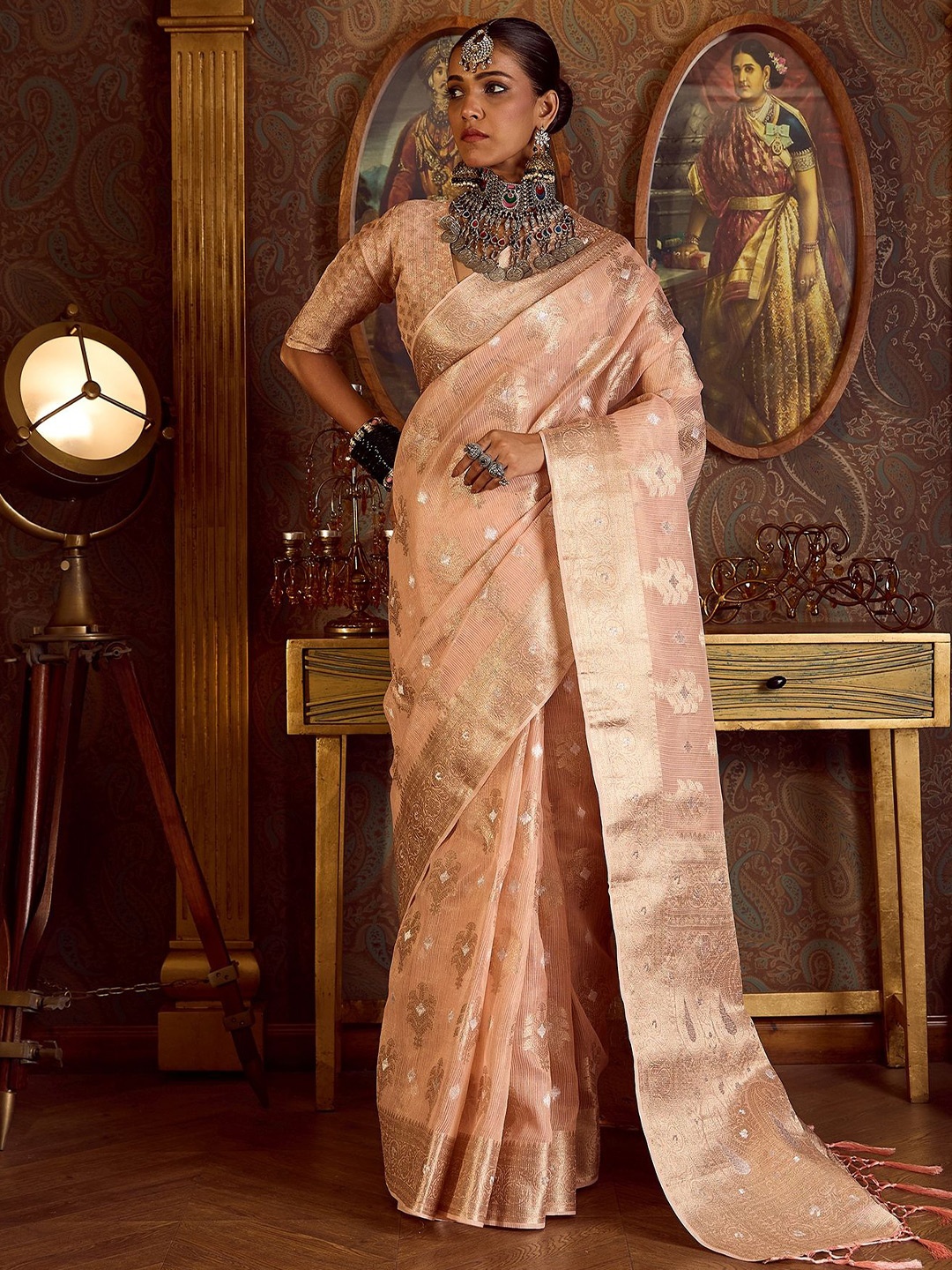 

Sangria Woven Design Banarasi Saree With Blouse Piece, Peach