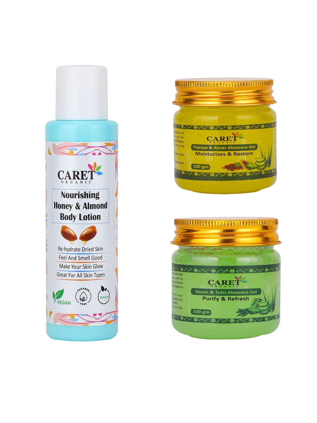 

CARET ORGANIC Honey & Almond Body Lotion Papaya & Kesar & Tulsi Aloevera Gel-100g Each, White