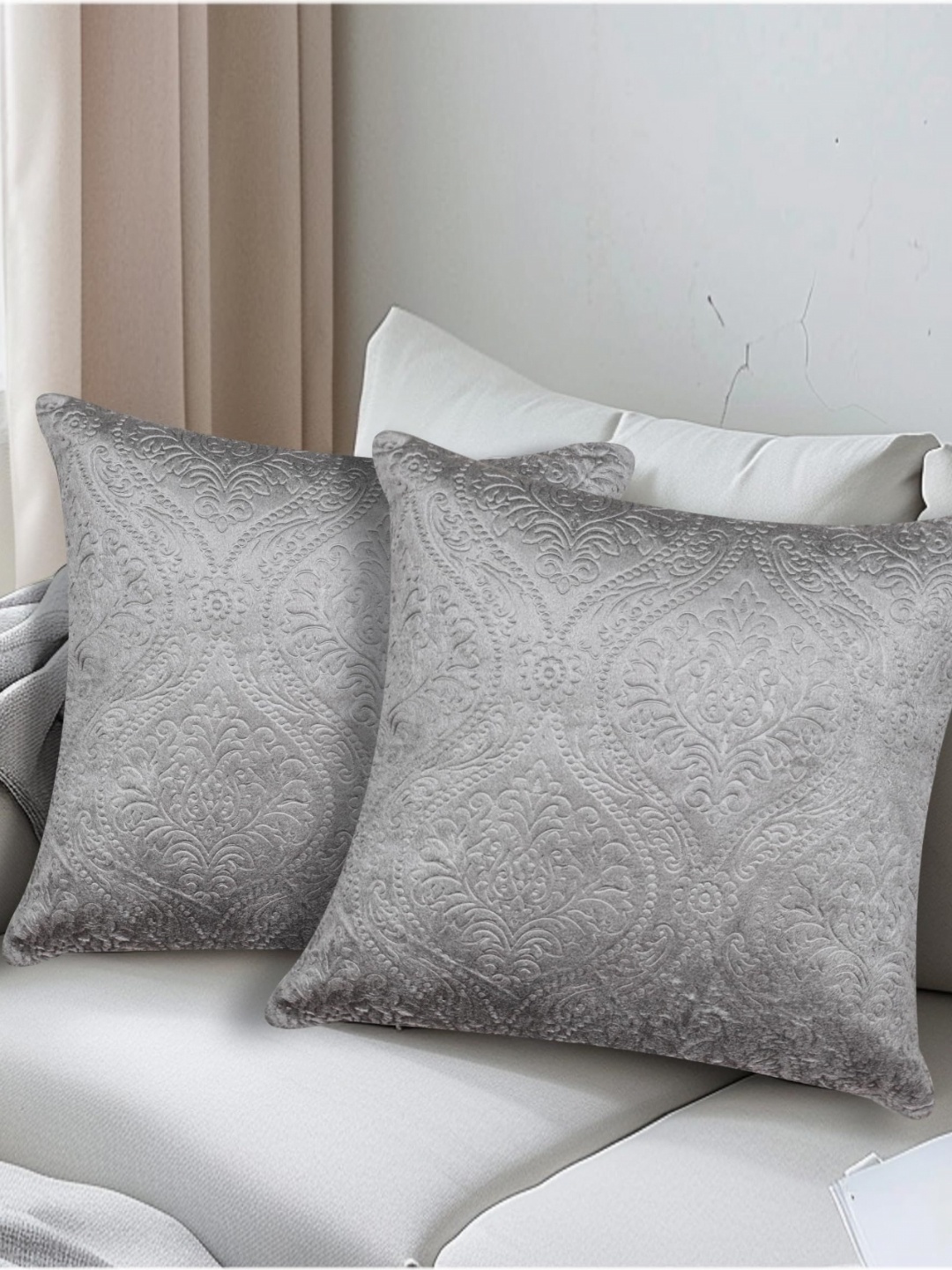 

Vendola Grey 2 Pieces Ethnic Motifs Printed Velvet Square Cushion Covers