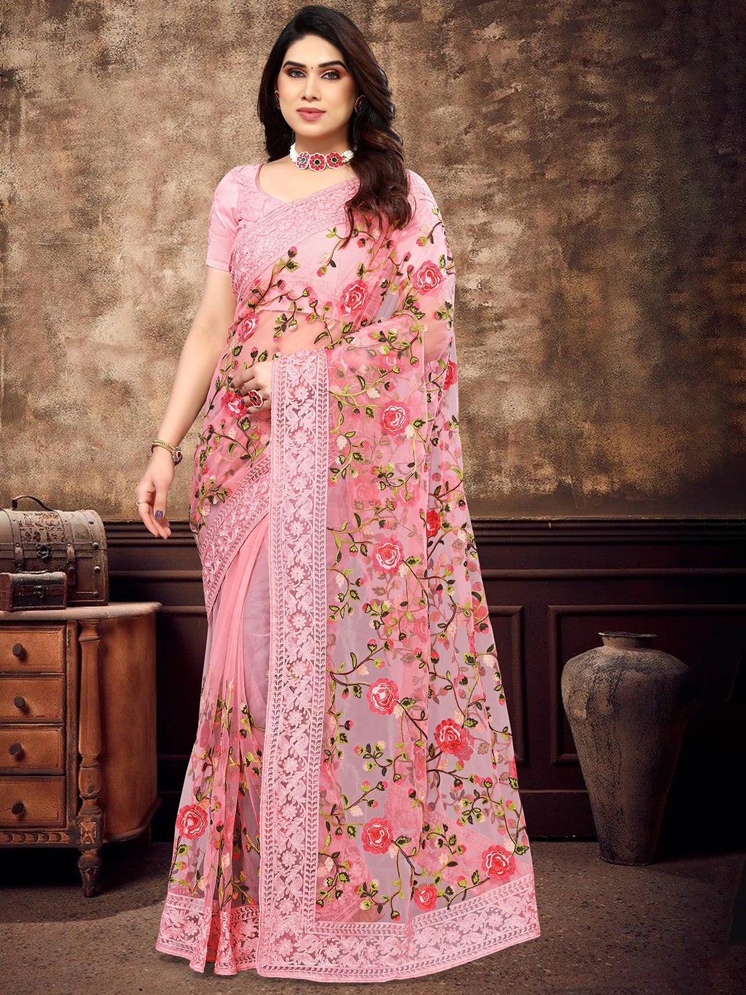 

VIRICA Floral Embroidered Art Silk Saree, Pink
