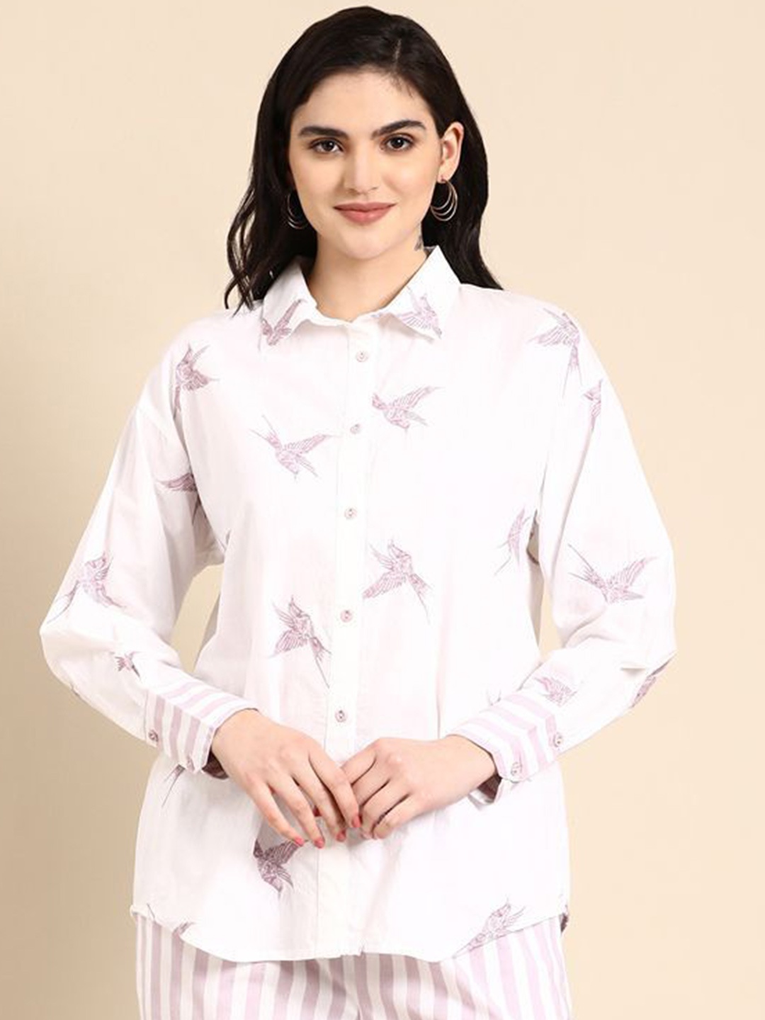 

Zolo Label Women Conversational Printed Shirt Collar Top, White