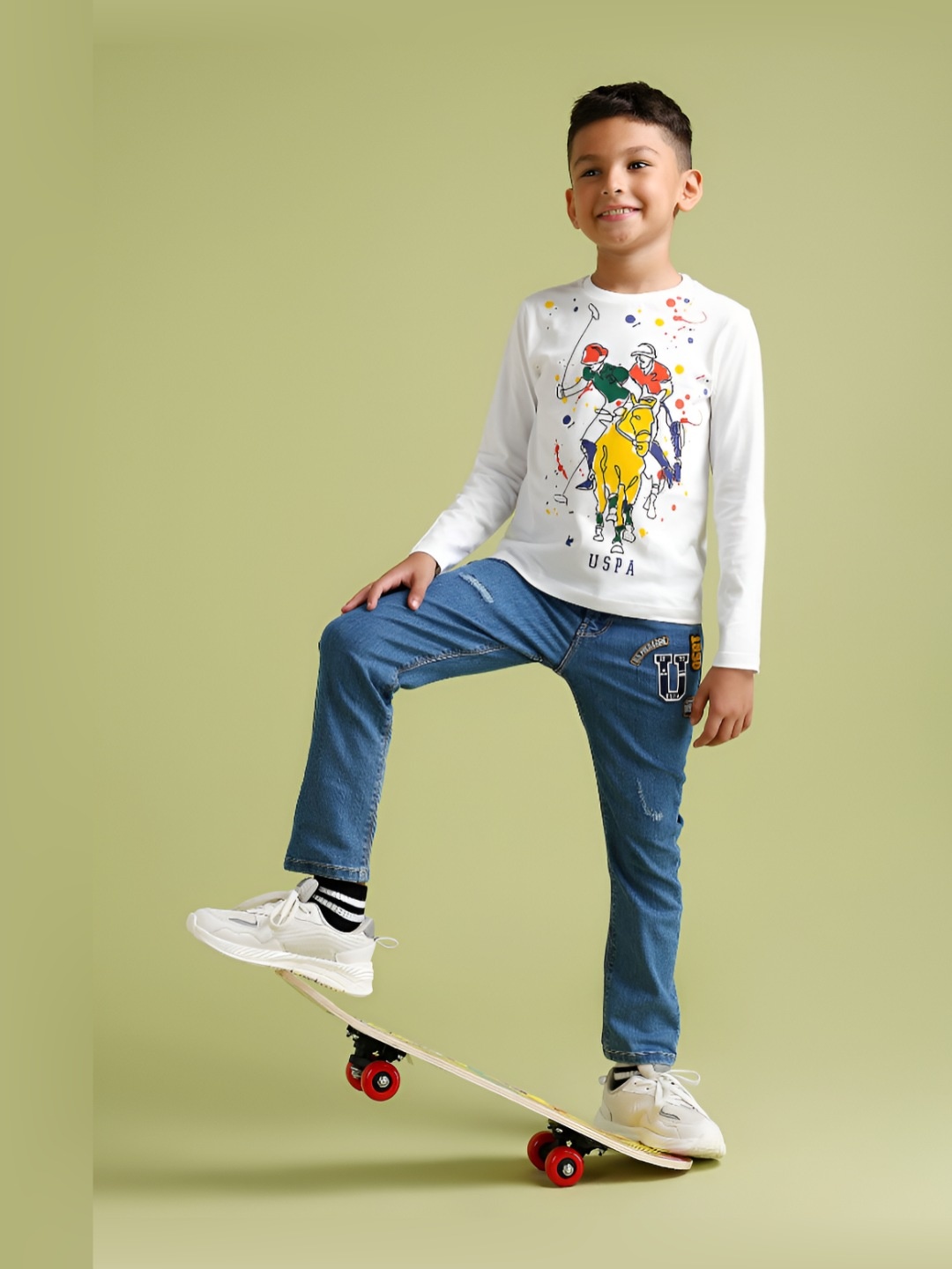 

U.S. Polo Assn. Kids Boys Graphic Printed Round Neck Cotton T-shirt, White