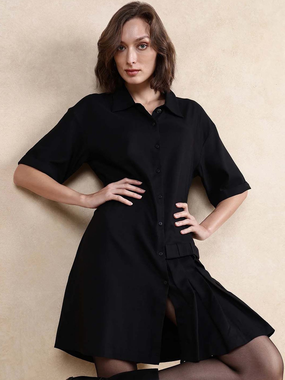 

RAREISM Women Shirt Collar Fit and Flare Mini Dress, Black
