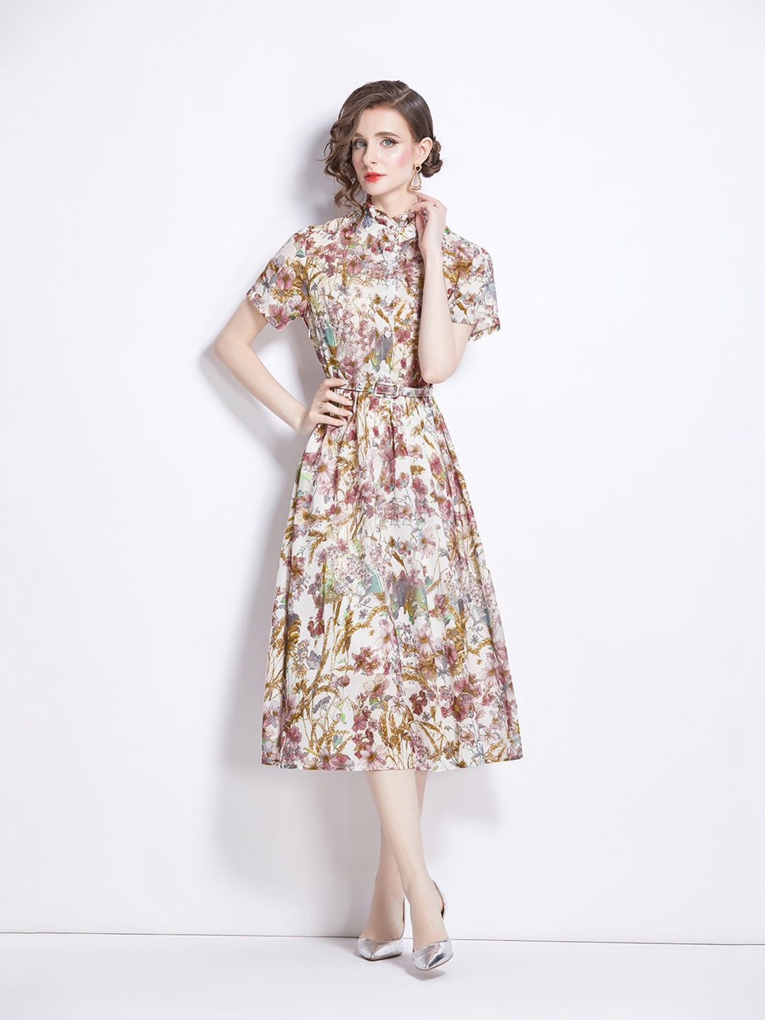 

JC Collection Floral Print Fit & Flare Mock Collar Midi Dress, Off white