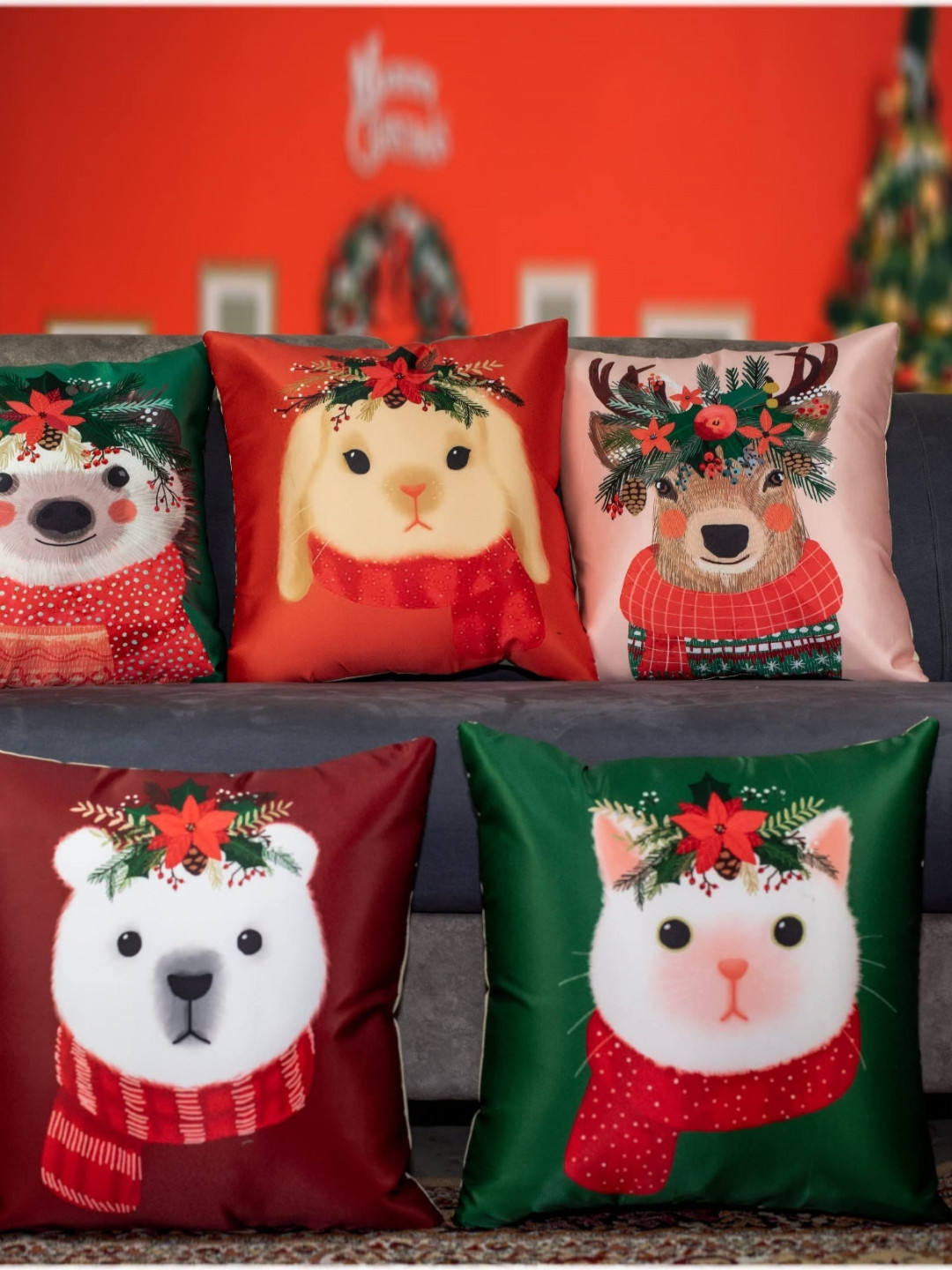 

Vendola Red & Green 5 Pieces Quirky Satin Square Cushion Covers