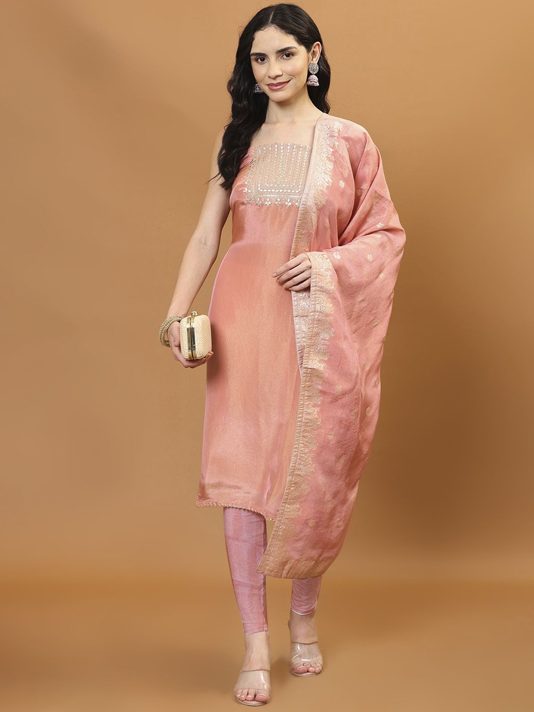 

Meena Bazaar Embroidered Art Silk Unstitched Dress Material, Peach