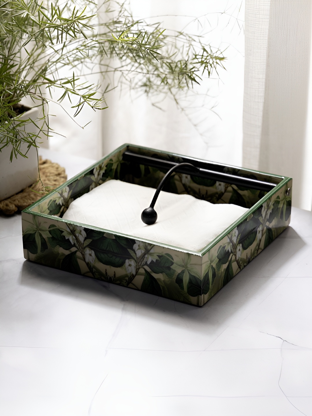 

DULI Green & White Floral Printed Wooden Tissue Holder