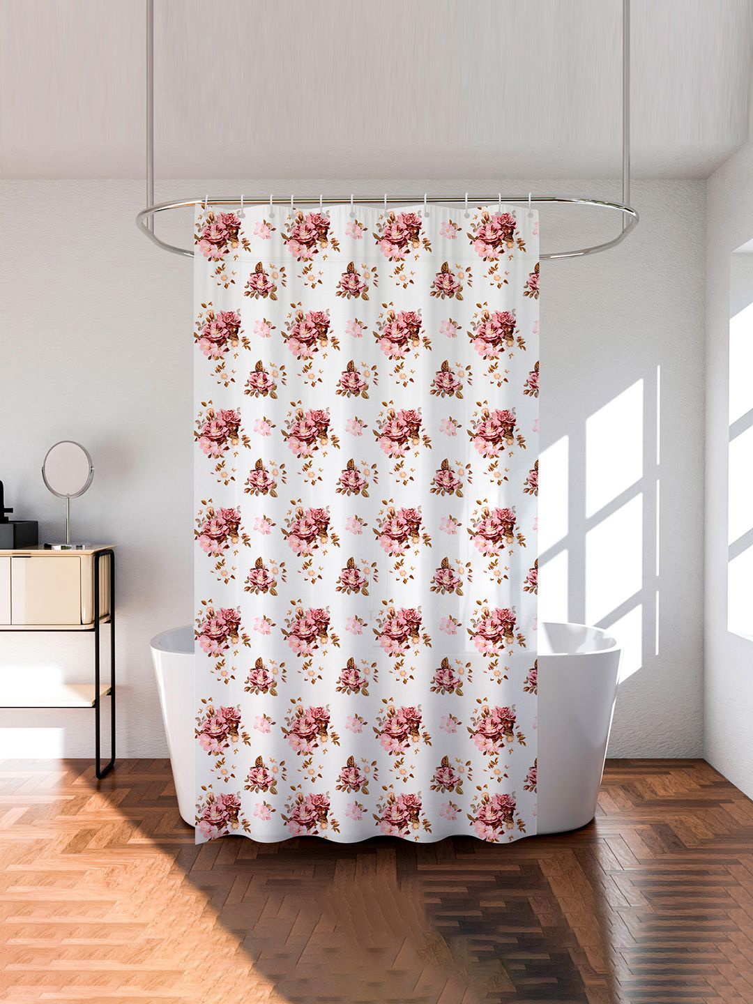 

Kuber Industries White & Pink Printed Waterproof Shower Curtains With Rings