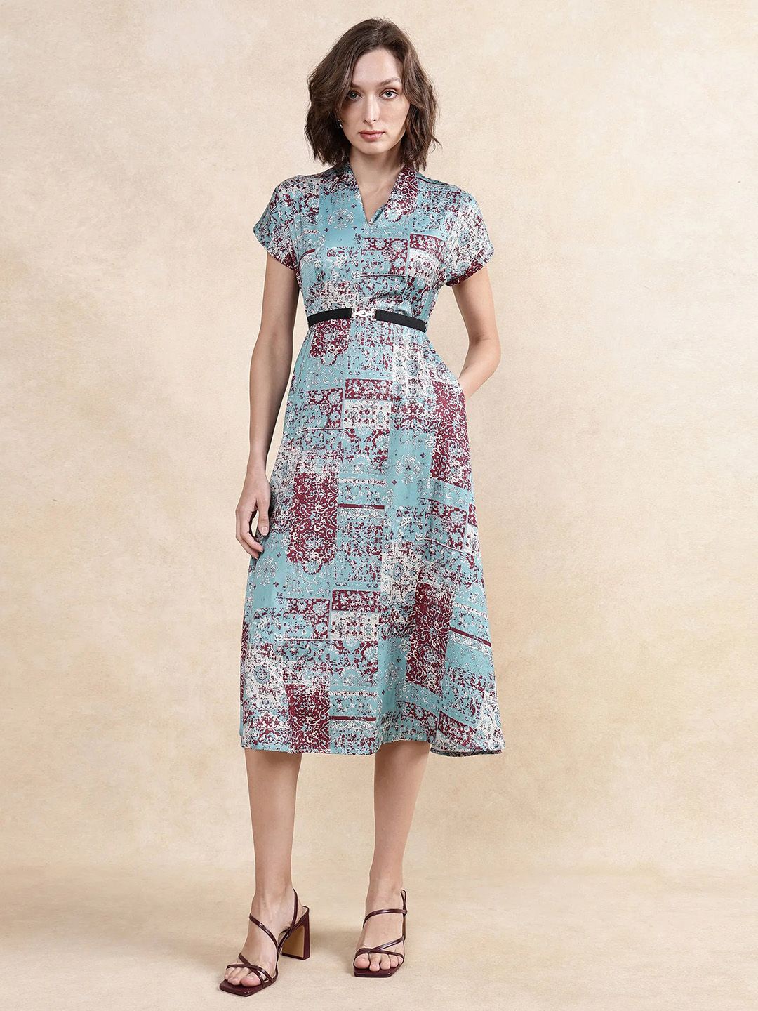 

RAREISM Printed Fit and Flare Midi Dress, Blue