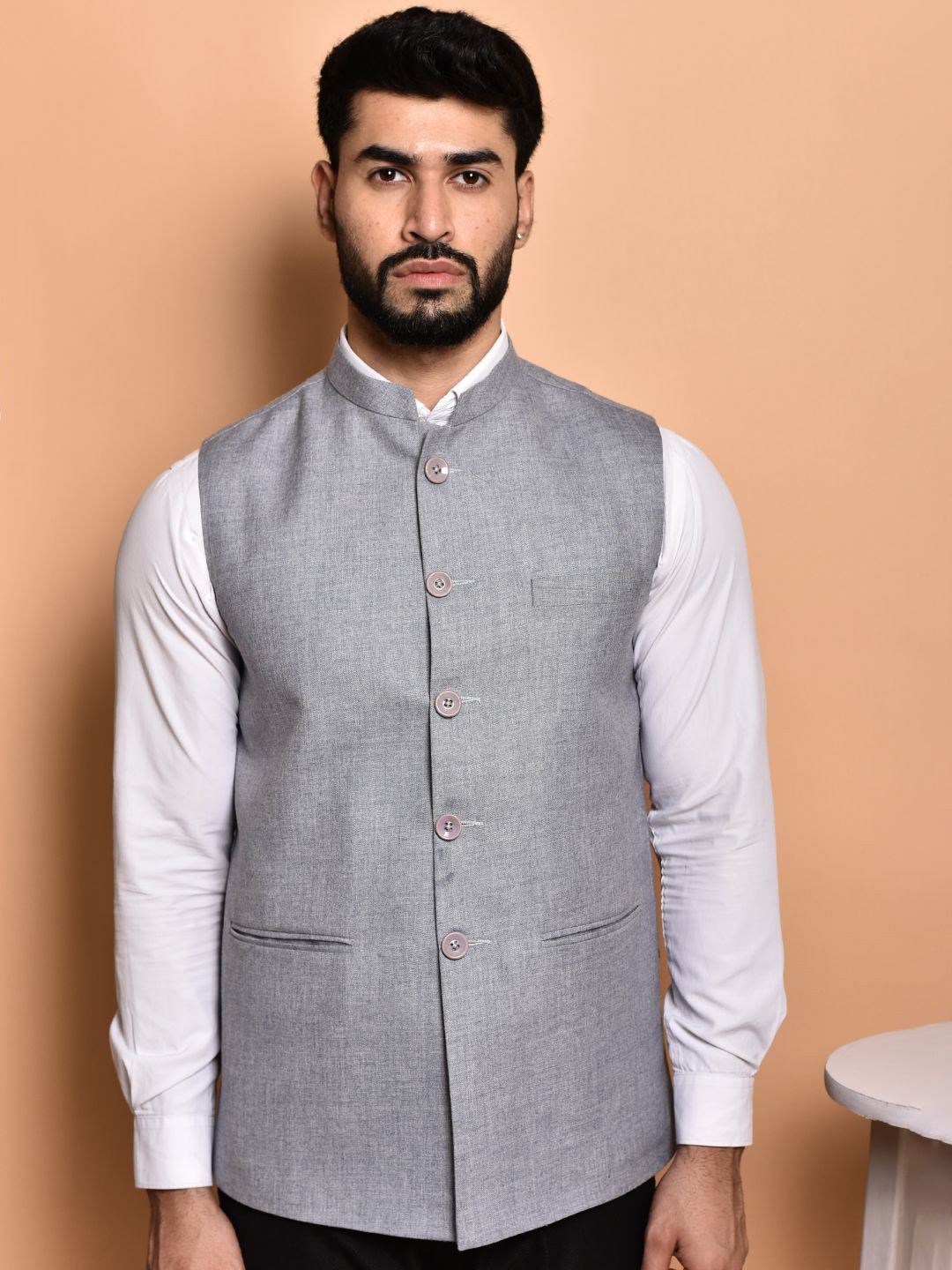 

PRINTCULTR Textured Woven Nehru Jacket, Grey