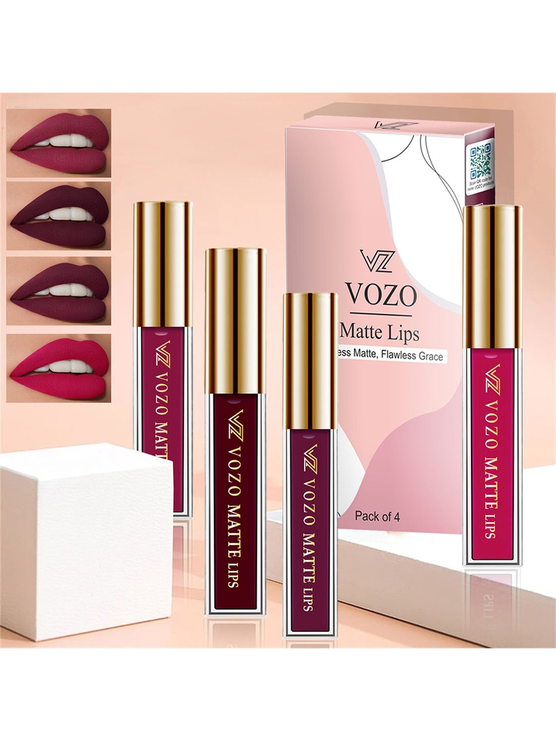 

VOZO Set Of 4 Velvety Smooth Matte Liquid Lipstick 4ml Each- 101-103-201-204, Red