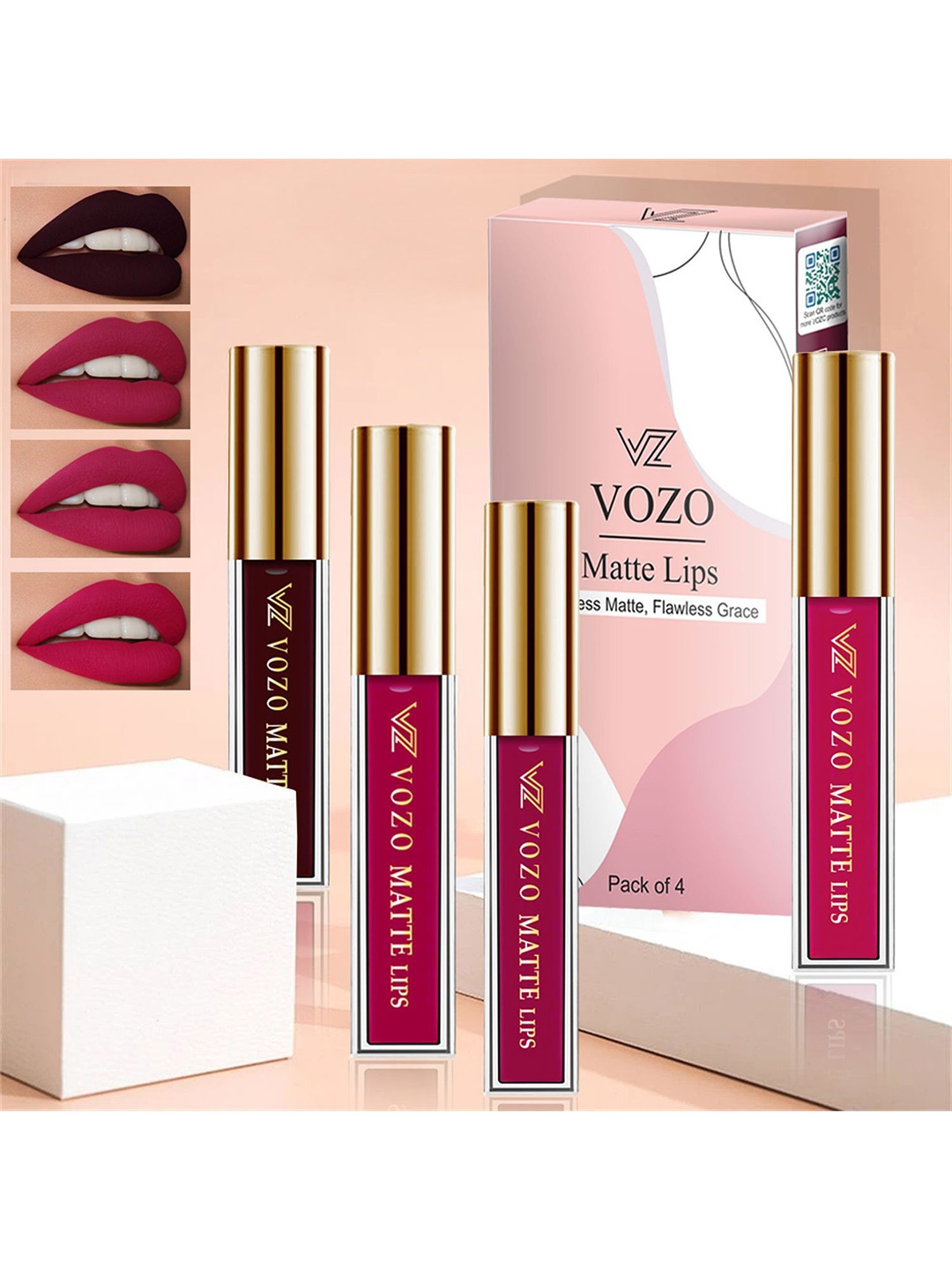 

VOZO Set Of 4 Stay-All-Day Matte Liquid Lipstick - 4 ml Each - 102-105-106-204, Burgundy