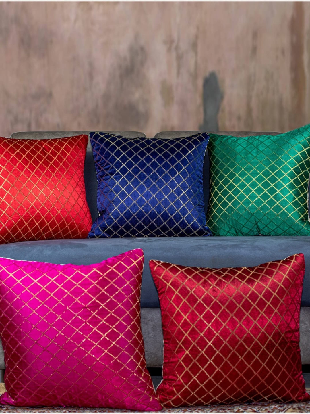 

Vendola Blue & Red 5 Pieces Embroidered Square Cushion Covers