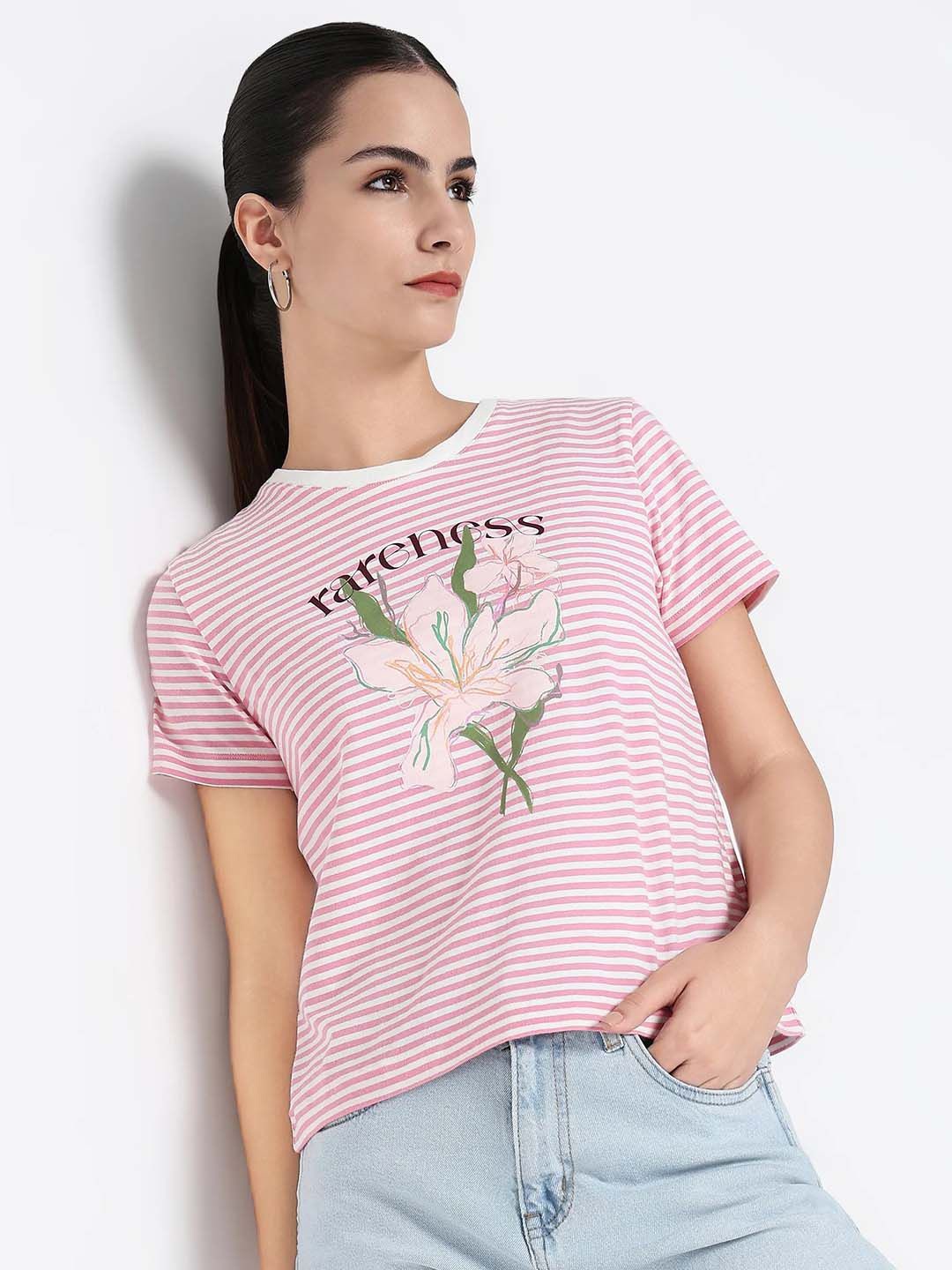 

RAREISM Women Graphic Printed Round Neck Cotton T-shirt, Pink