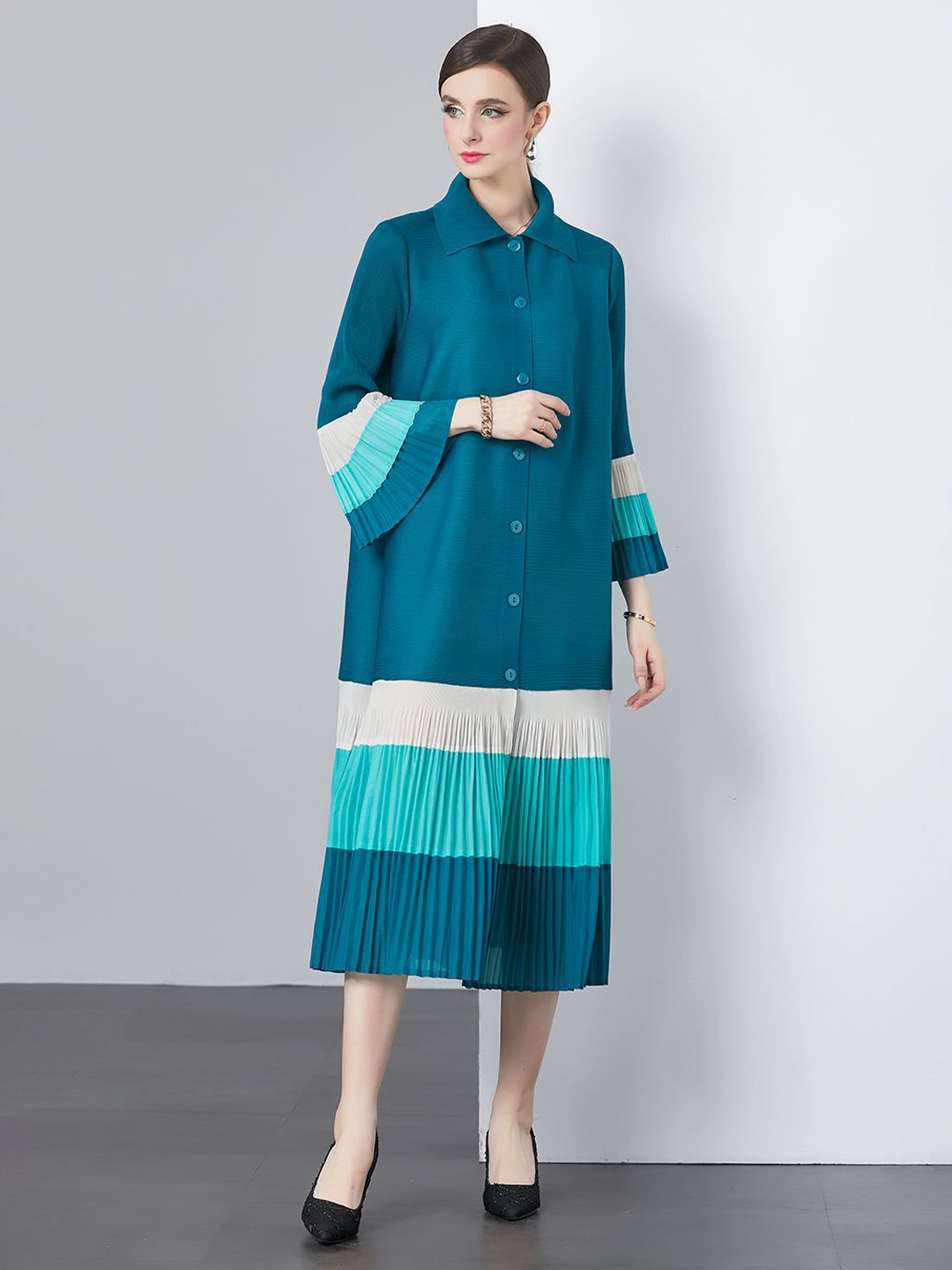 

JC Collection Striped Bell Sleeves Shirt Midi Dress, Green