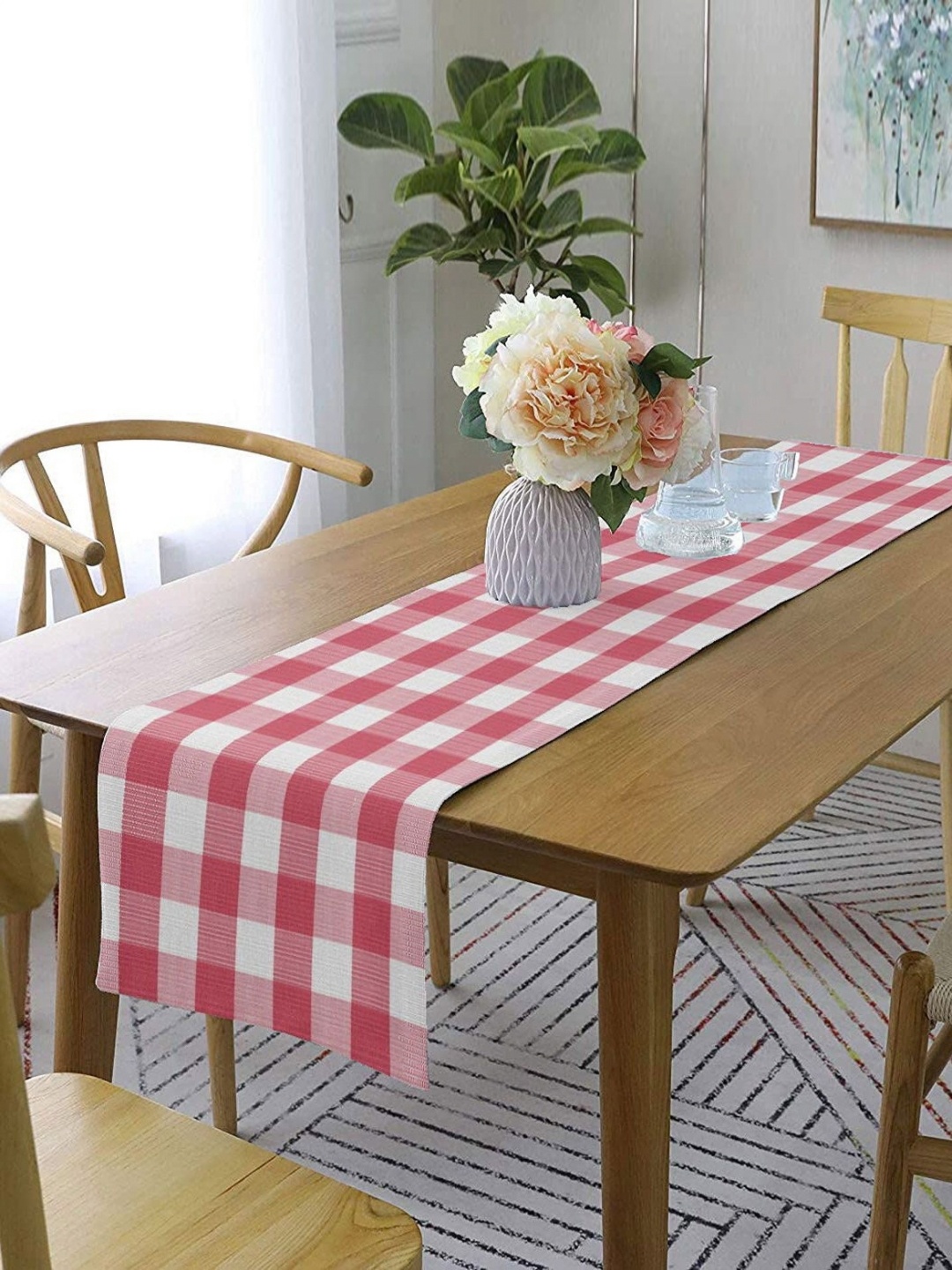 

Lushomes Pink & White Checked Pure Cotton Rectangular Table Runner