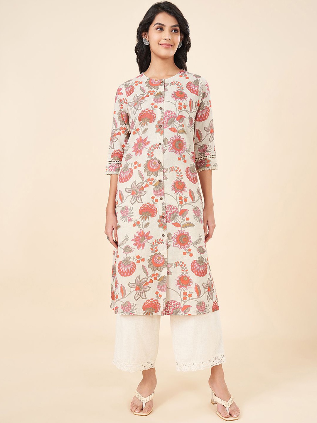 

RANGMANCH BY PANTALOONS Floral Printed Round Neck A Line Kurta, White