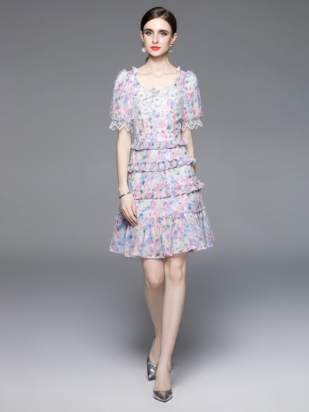 

JC Collection Women Floral Printed Puff Sleeves A-Line Dress, Purple
