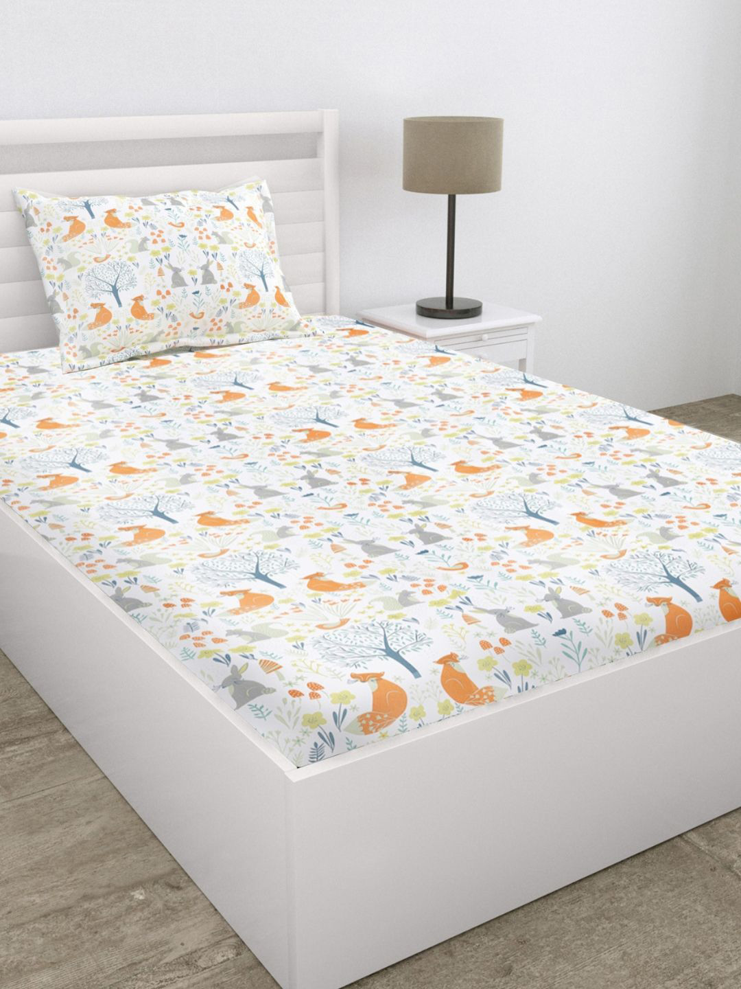 

haus & kinder Cottage Core White Printed 200TC Pure Cotton Single Bedsheet & Pillow Cover