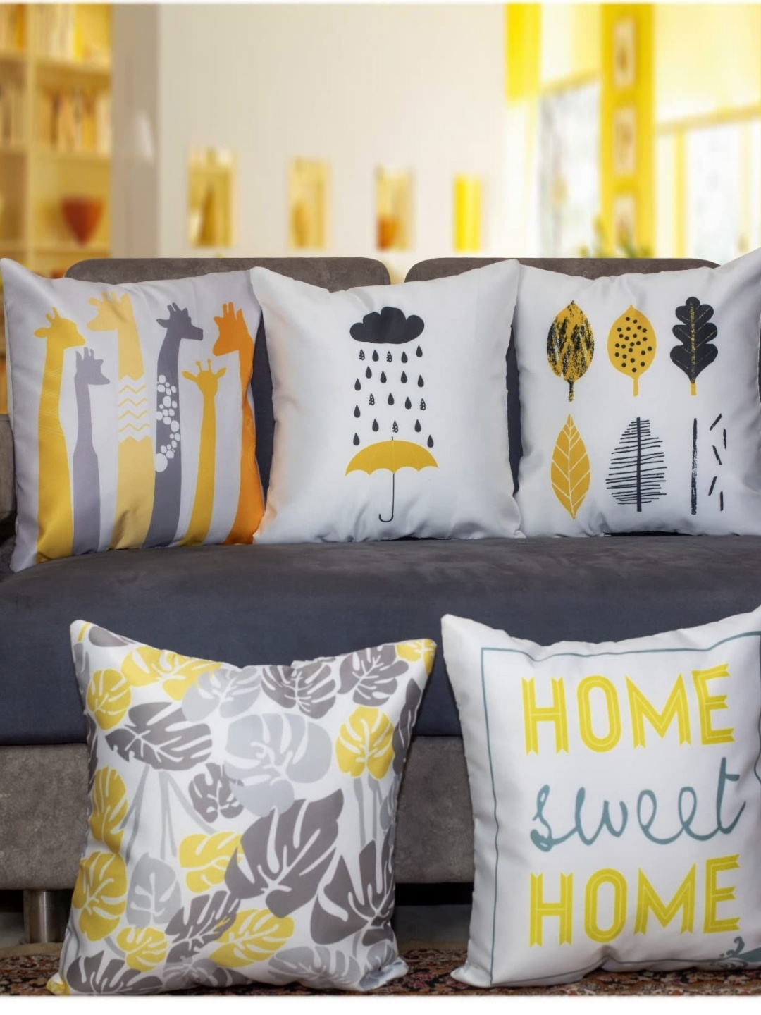 

Vendola Yellow & Grey 5 Pieces Geometric Square Cushion Covers