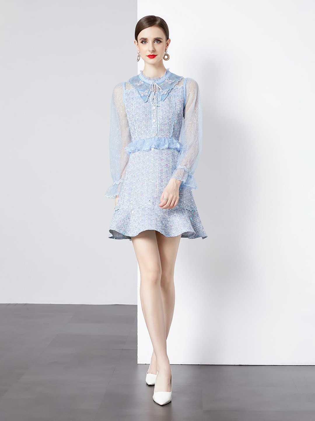

JC Collection Women Shirt Collar Bell Sleeve Fit & Flare Mini Dress, Blue