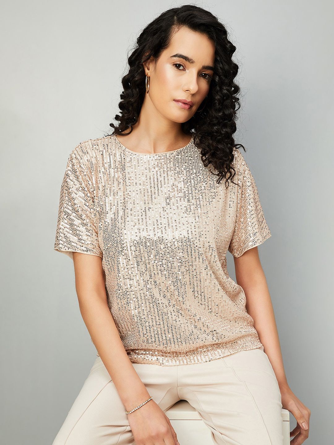 

max Women Embellished Round Neck Top, Beige