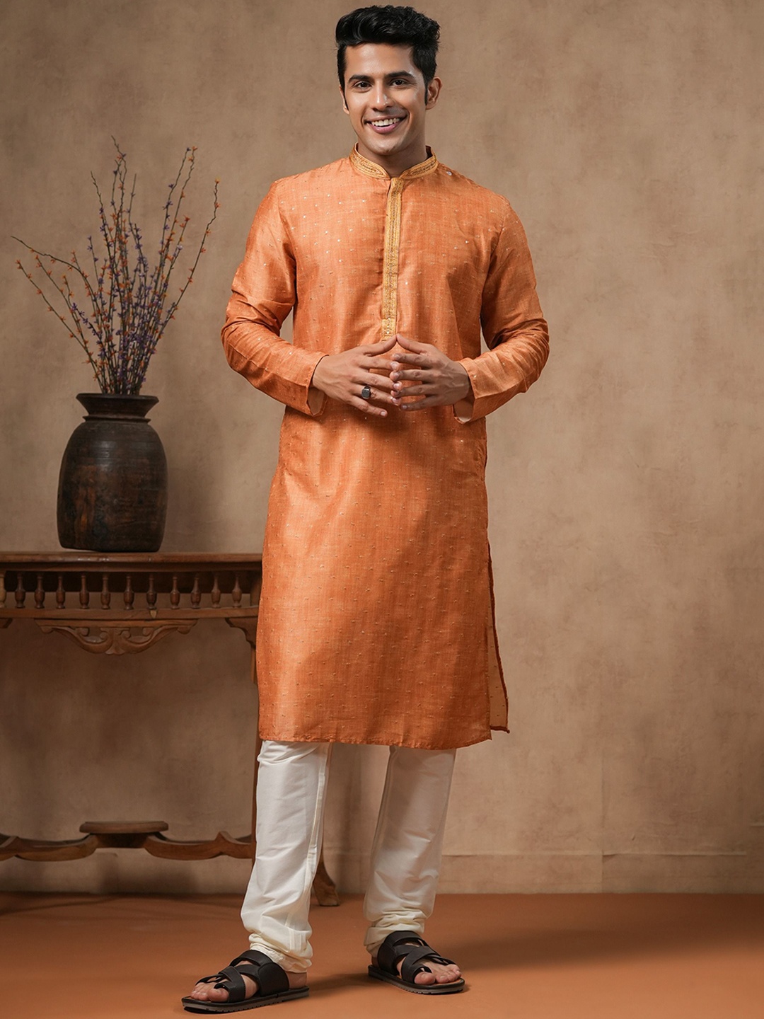 

Ethnic India Mandarin Collar Sequins Straight Kurta, Pink