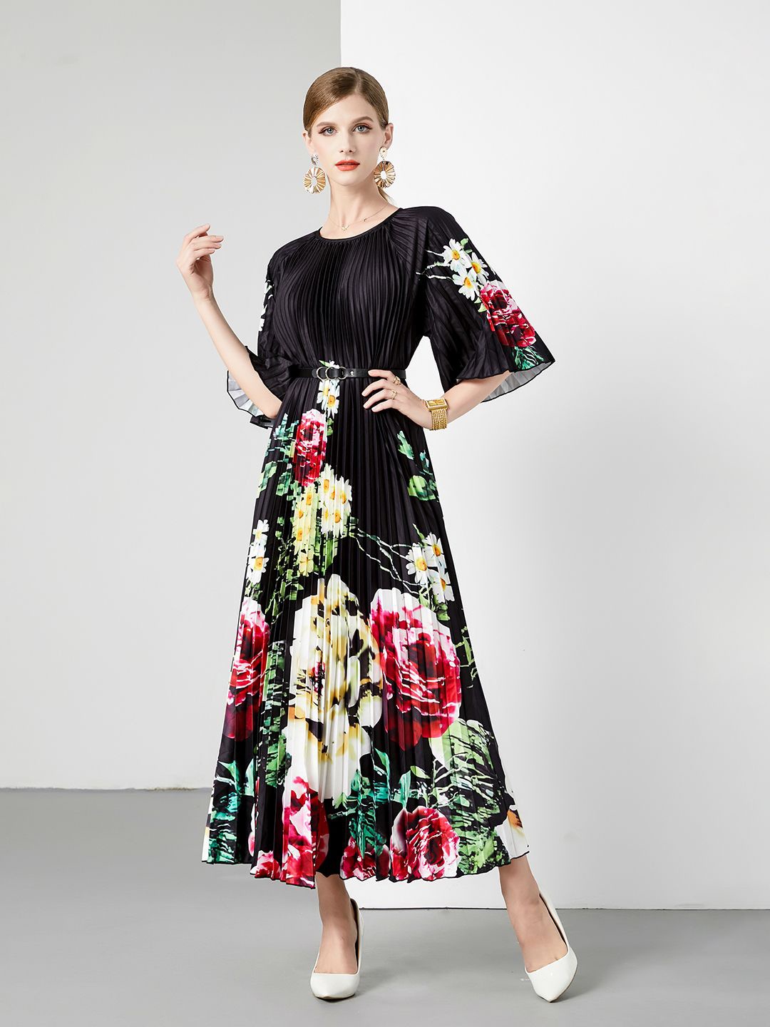

JC Collection Floral Printed Flared Sleeve Maxi Dress, Black